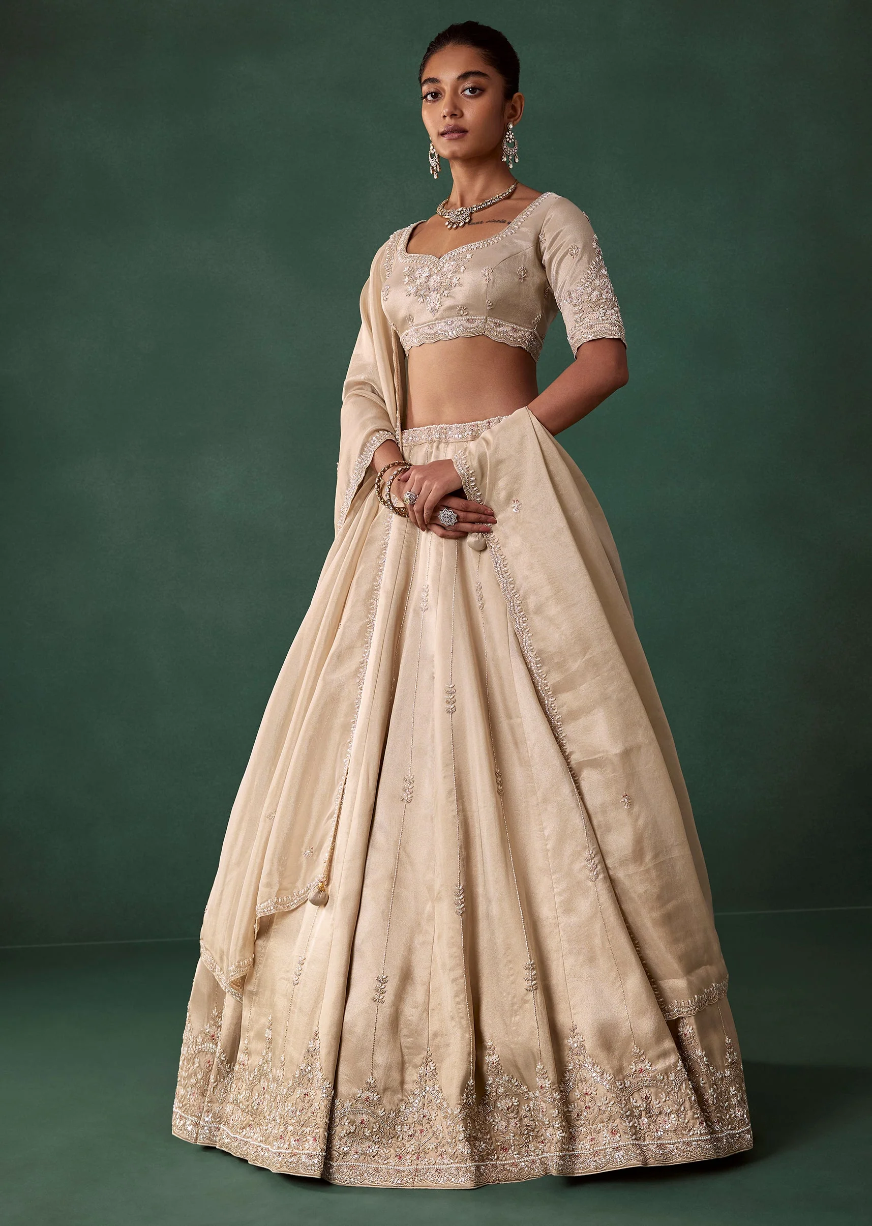Ivory Butti Embroidered Georgette Bridal Lehenga Set