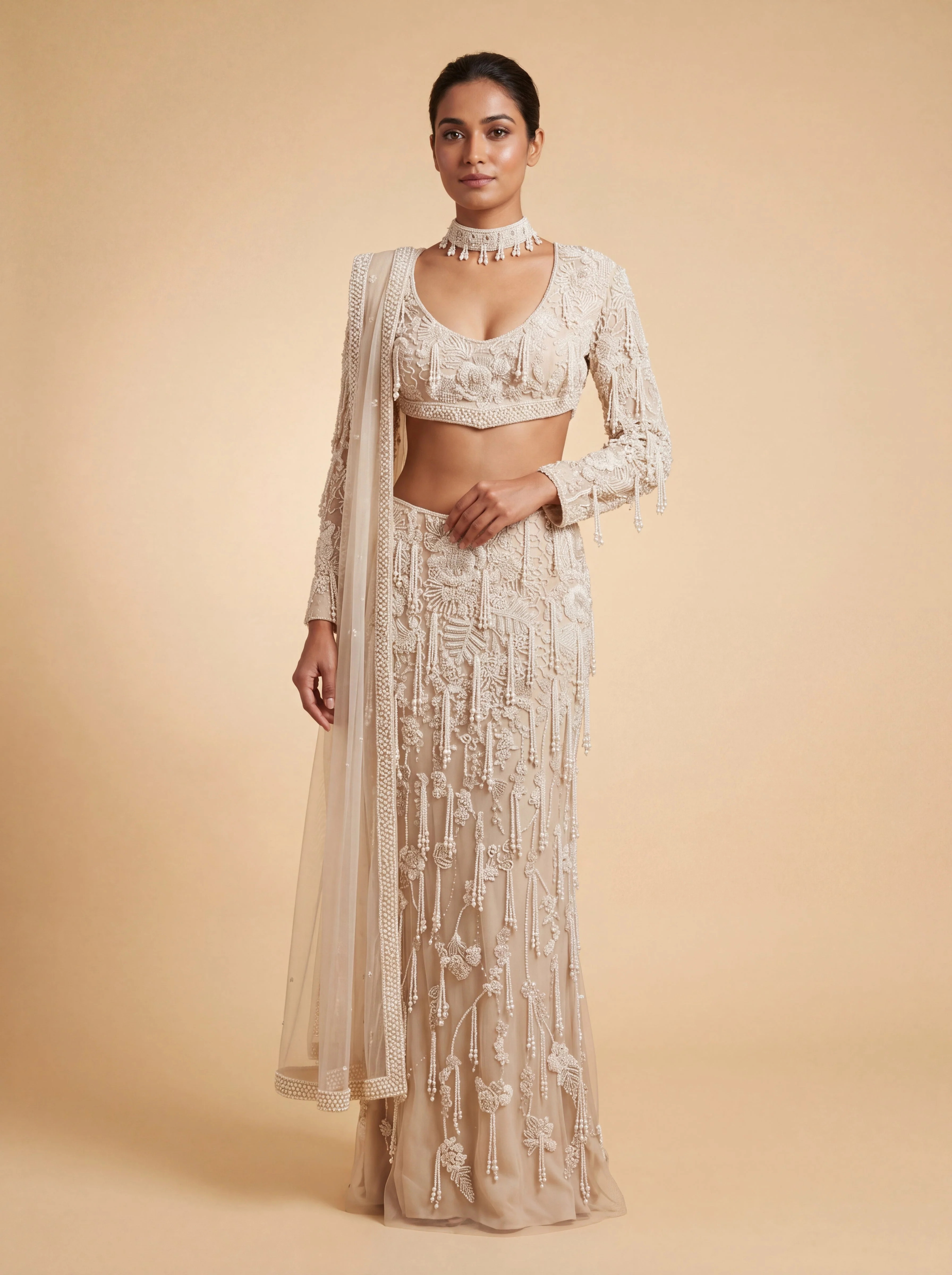 Ivory Contemporary Bridal Lehenga With Backless Blouse Soft Flare