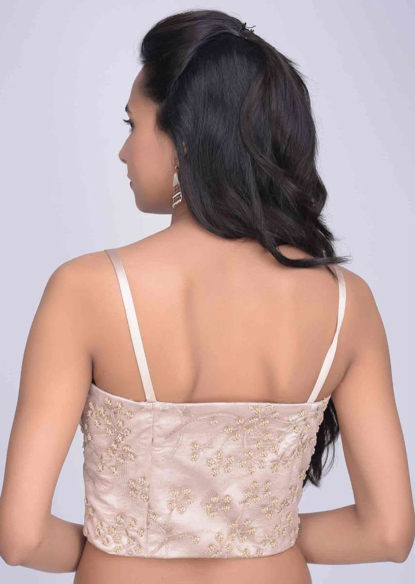 Ivory Corset Blouse In Embroidered Net With Satin Underlayer Online - Kalki Fashion - Image 5
