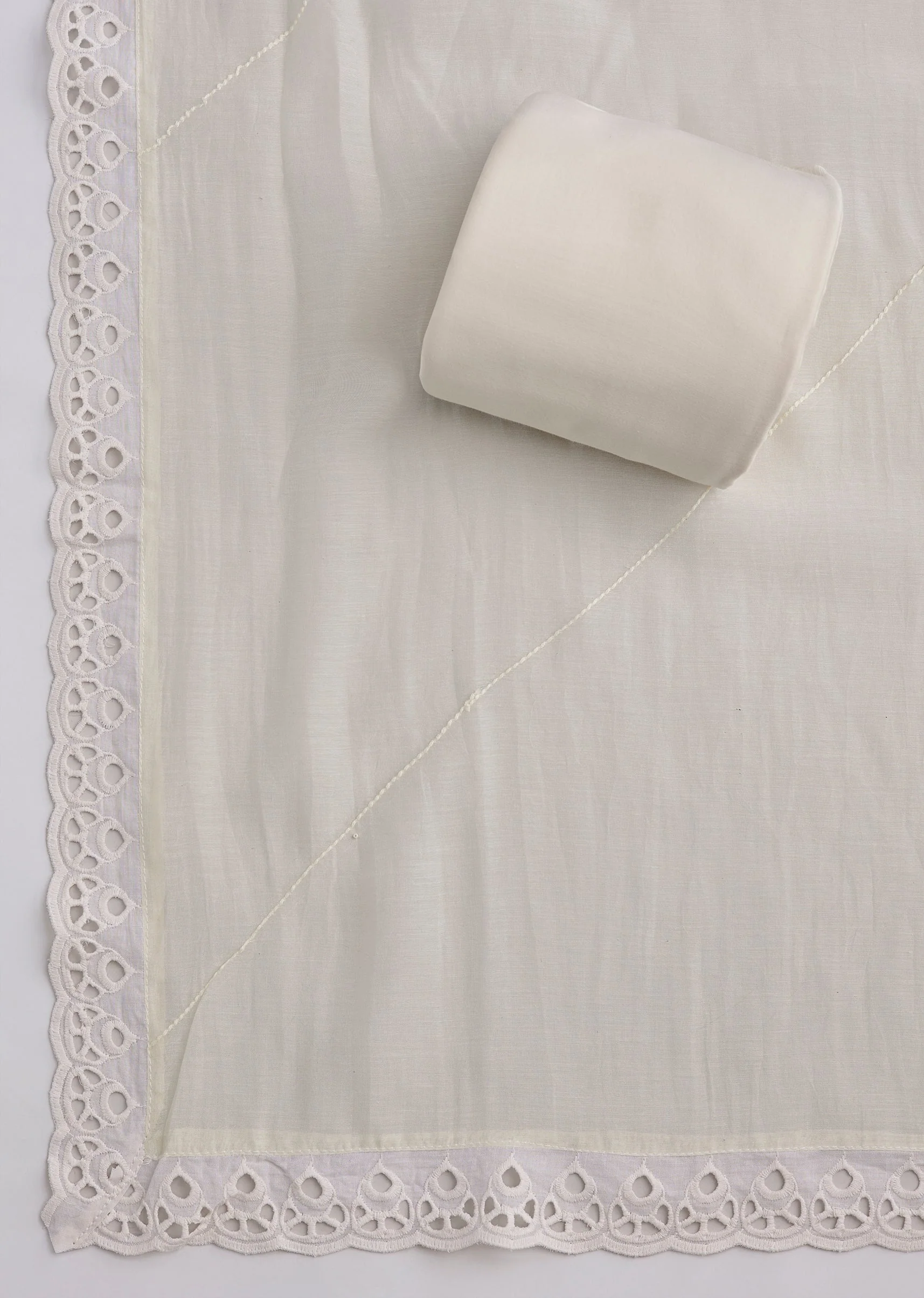 Ivory Cotton Lace Embroidered Unstitched Suit Set With Dupatta - Image 4