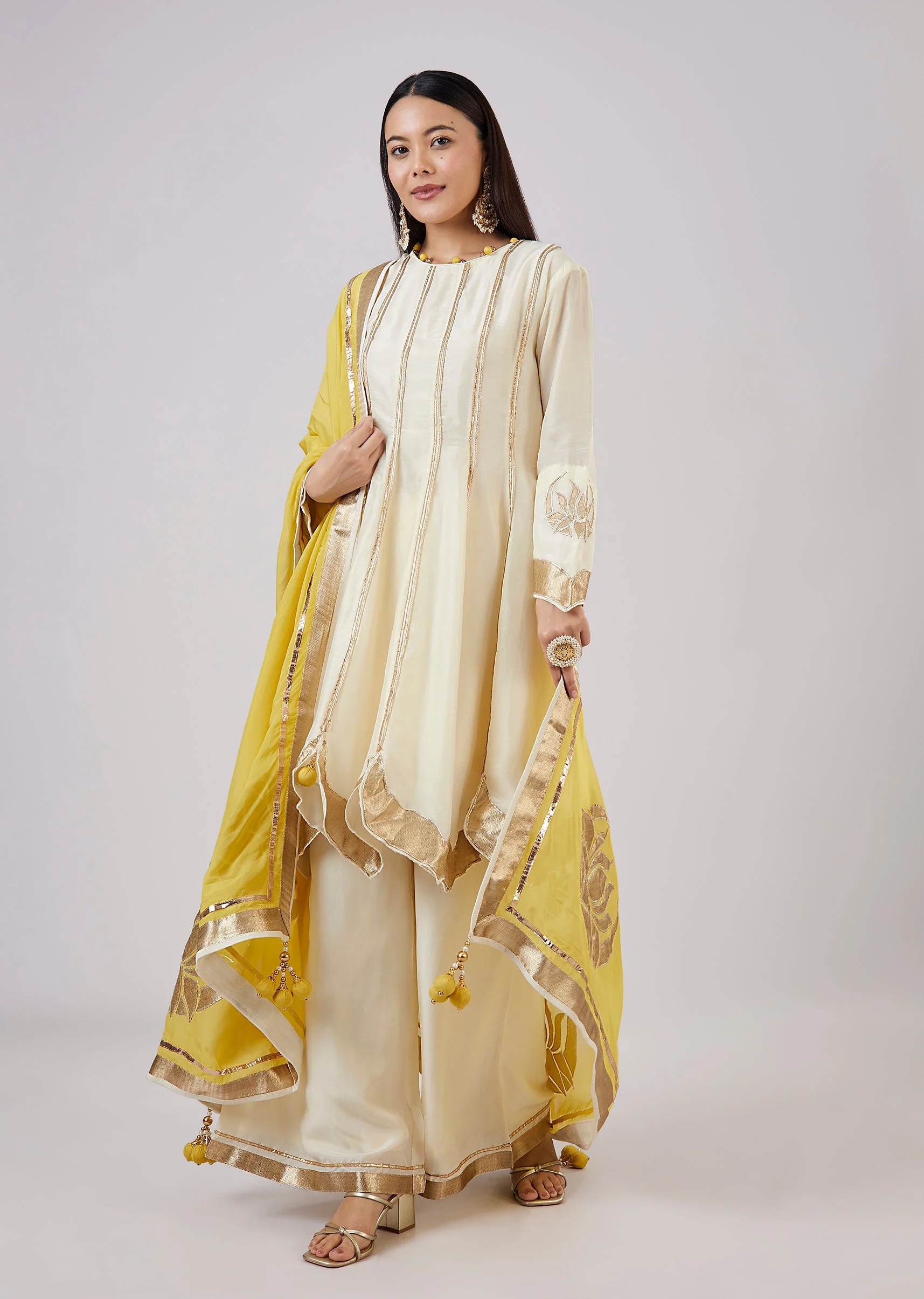 Ivory Cotton Silk Anarkali With Gotta Work - Image 3