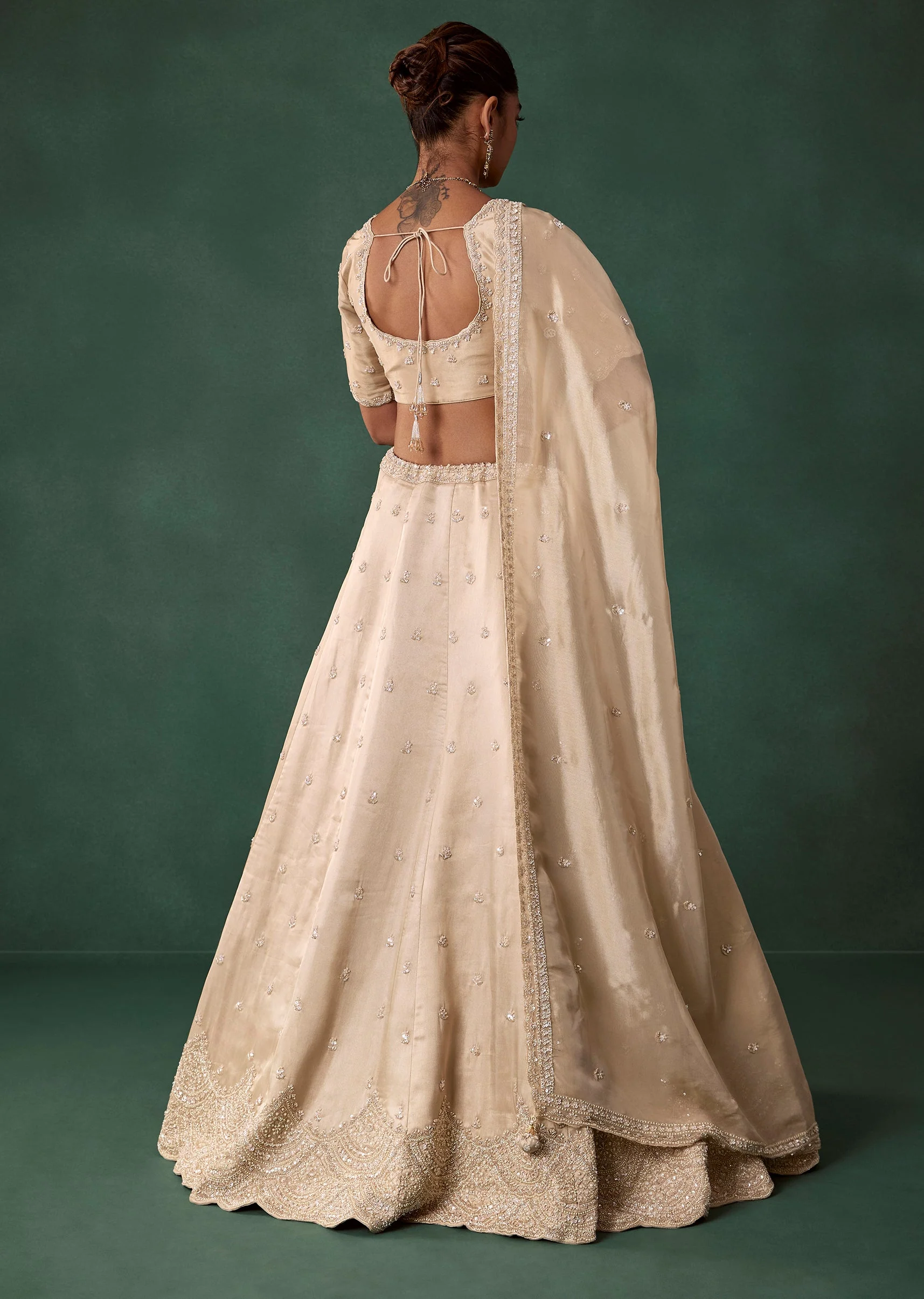 Ivory Embroidered Tissue Bridal Lehenga Set with Cutdana - Image 2