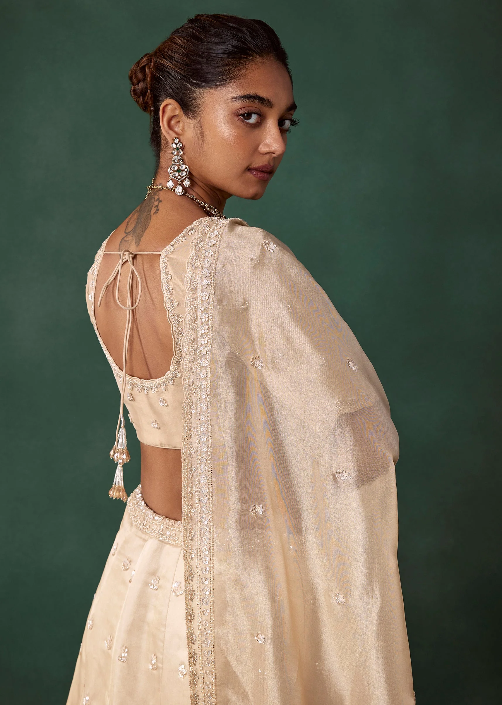Ivory Embroidered Tissue Bridal Lehenga Set with Cutdana - Image 6