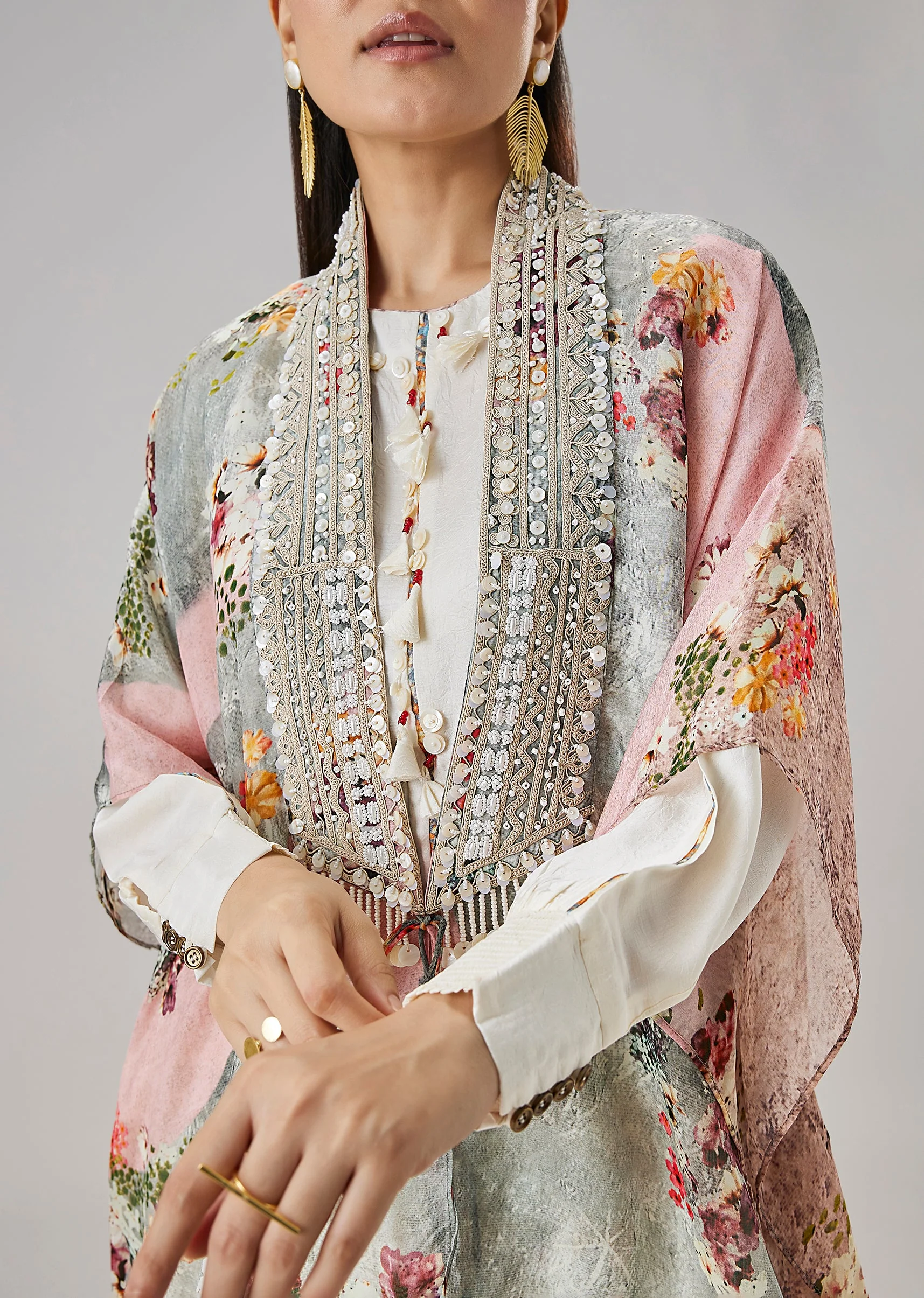 Ivory Floral Printed Cape And Drape Skirt Set - Image 2