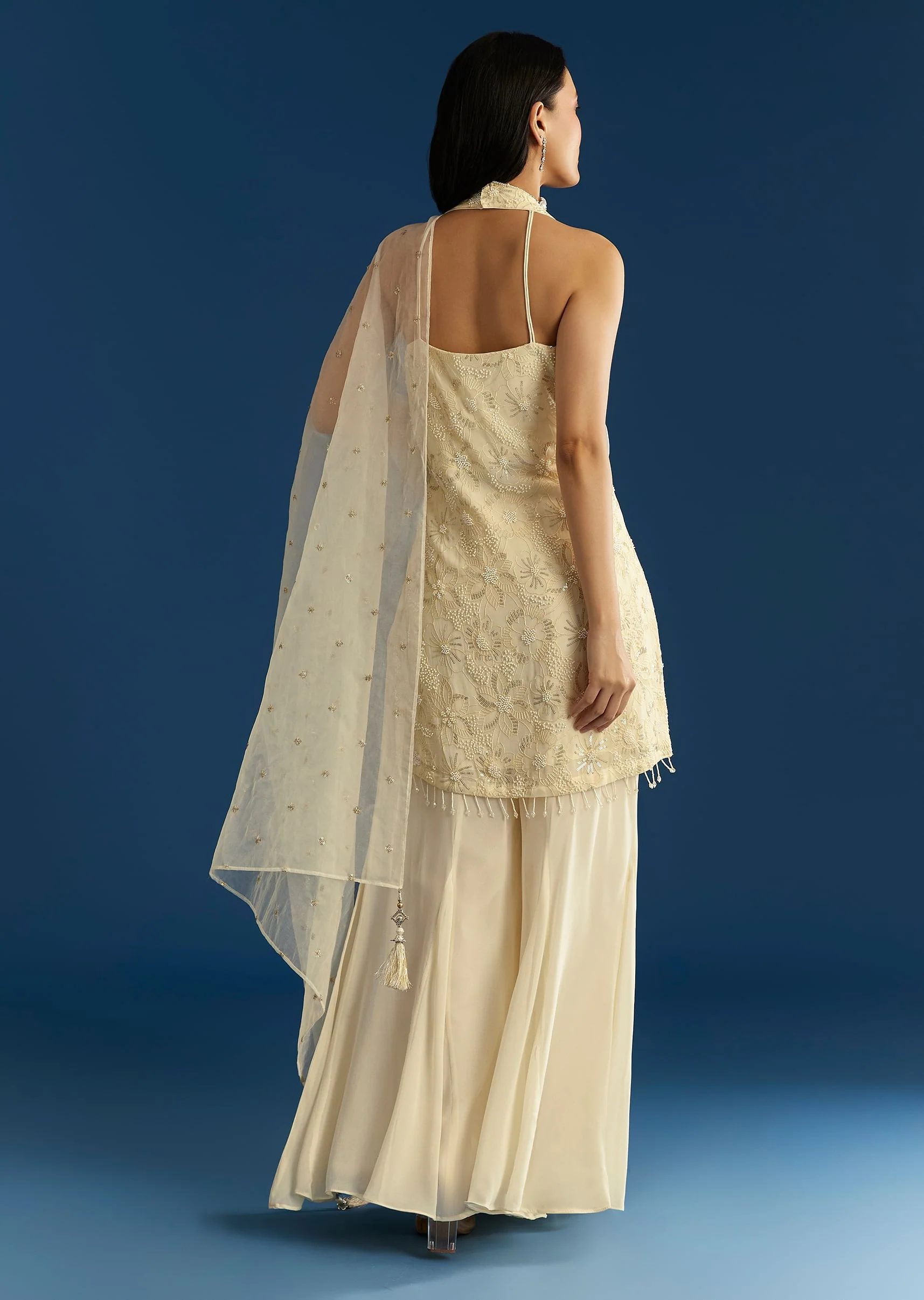 Ivory Georgette Kurta Palazzo Set With Dupatta - Image 5