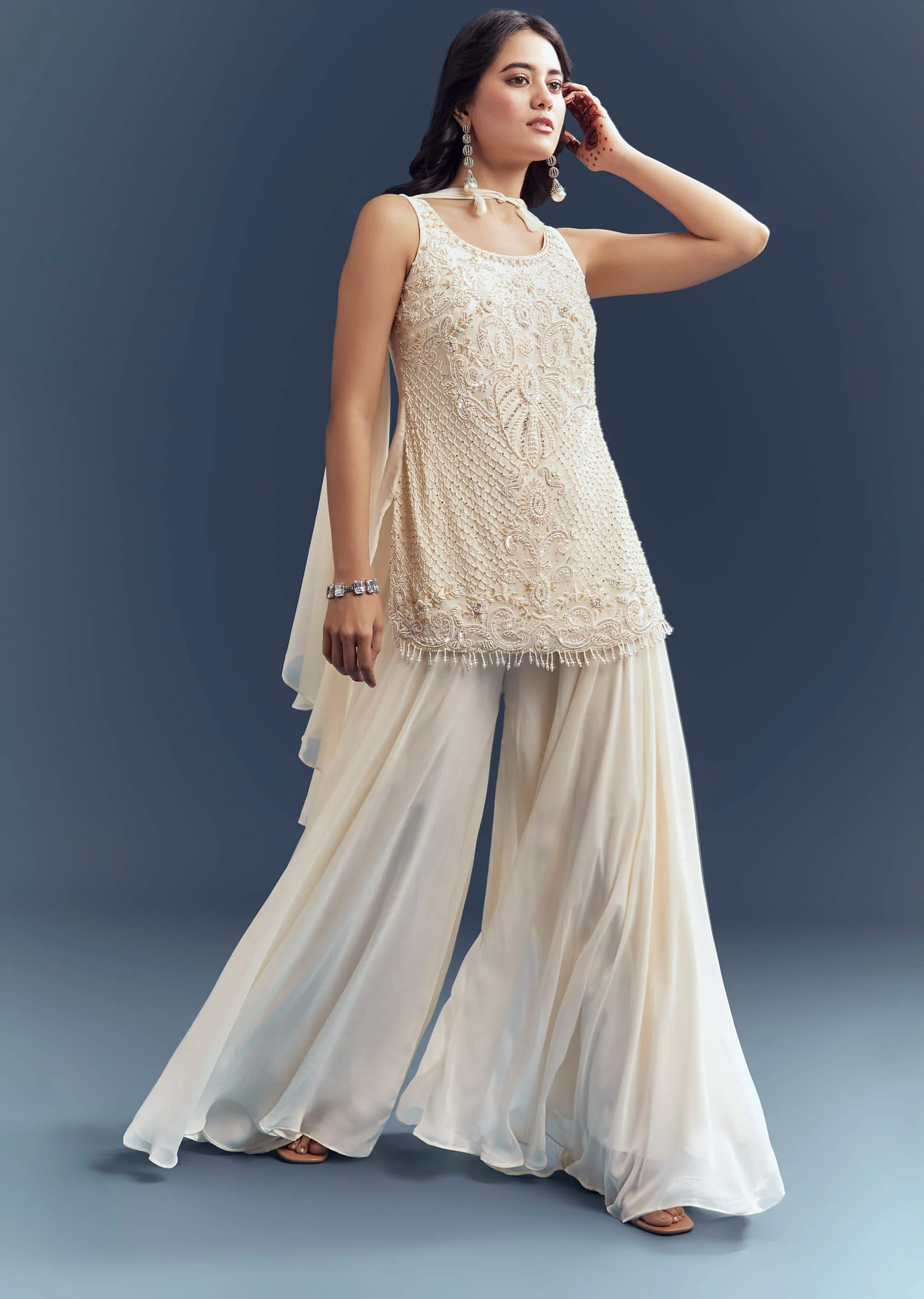 Ivory Georgette Palazzo Suit With Heavy Hand Embroidery - Image 4