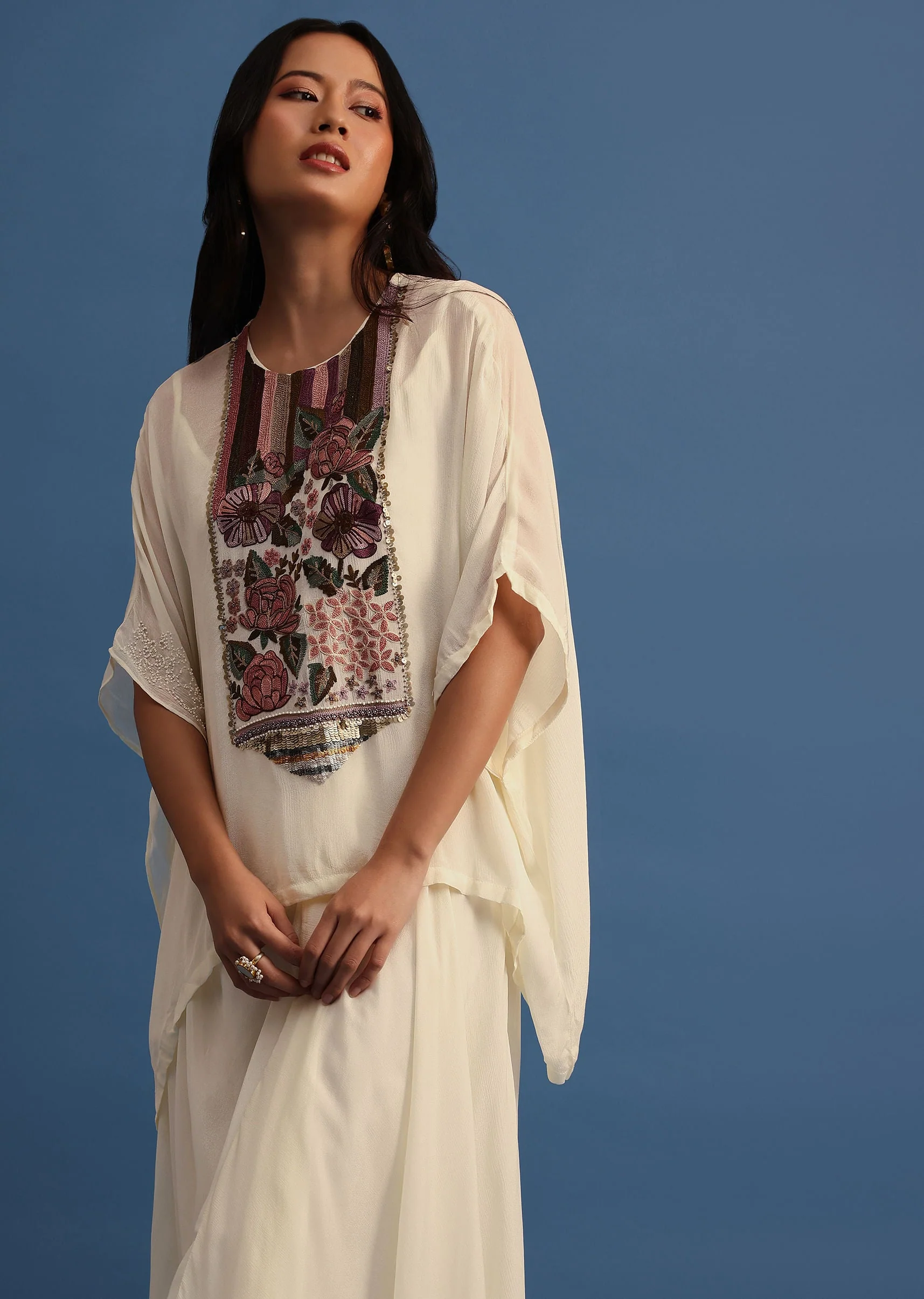 Ivory Georgette Skirt And Cape In Resham Work - Image 4