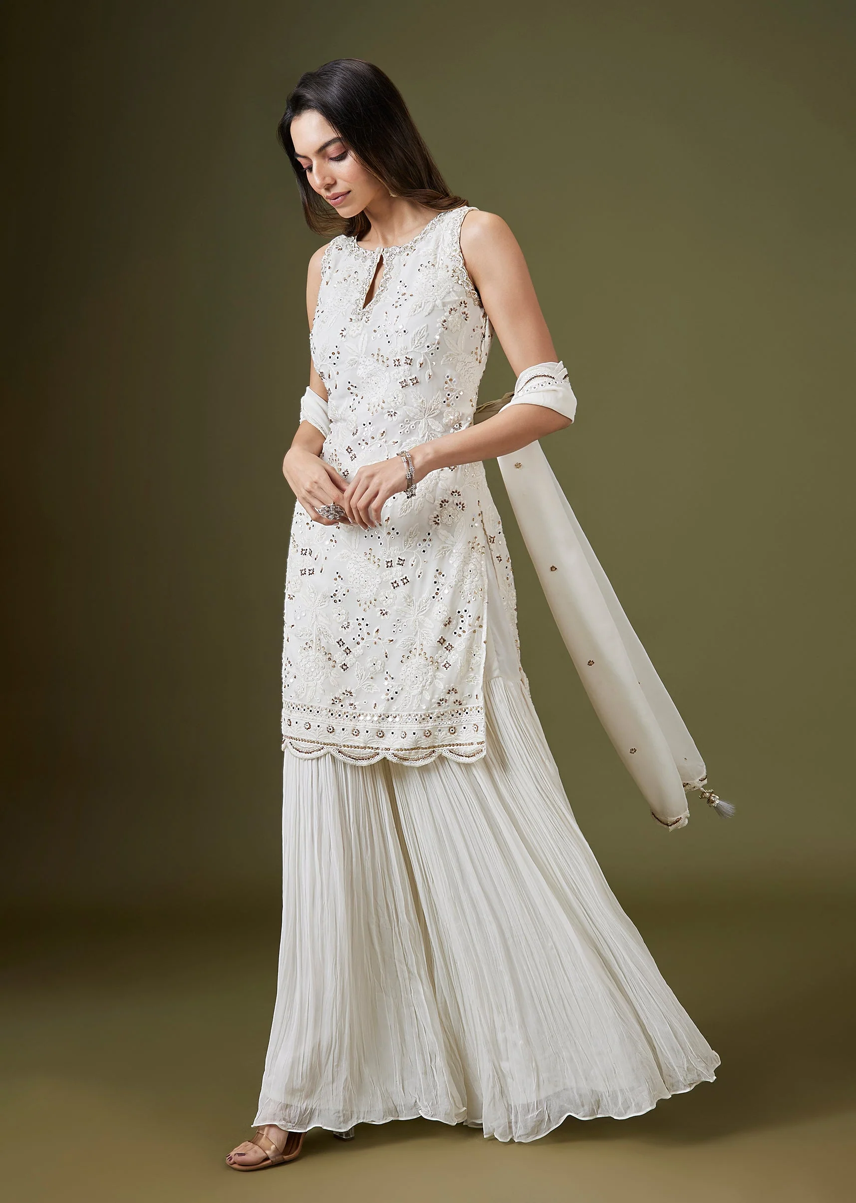 Ivory Georgettte Mirror Embellished Sharara Suit Set - Image 3