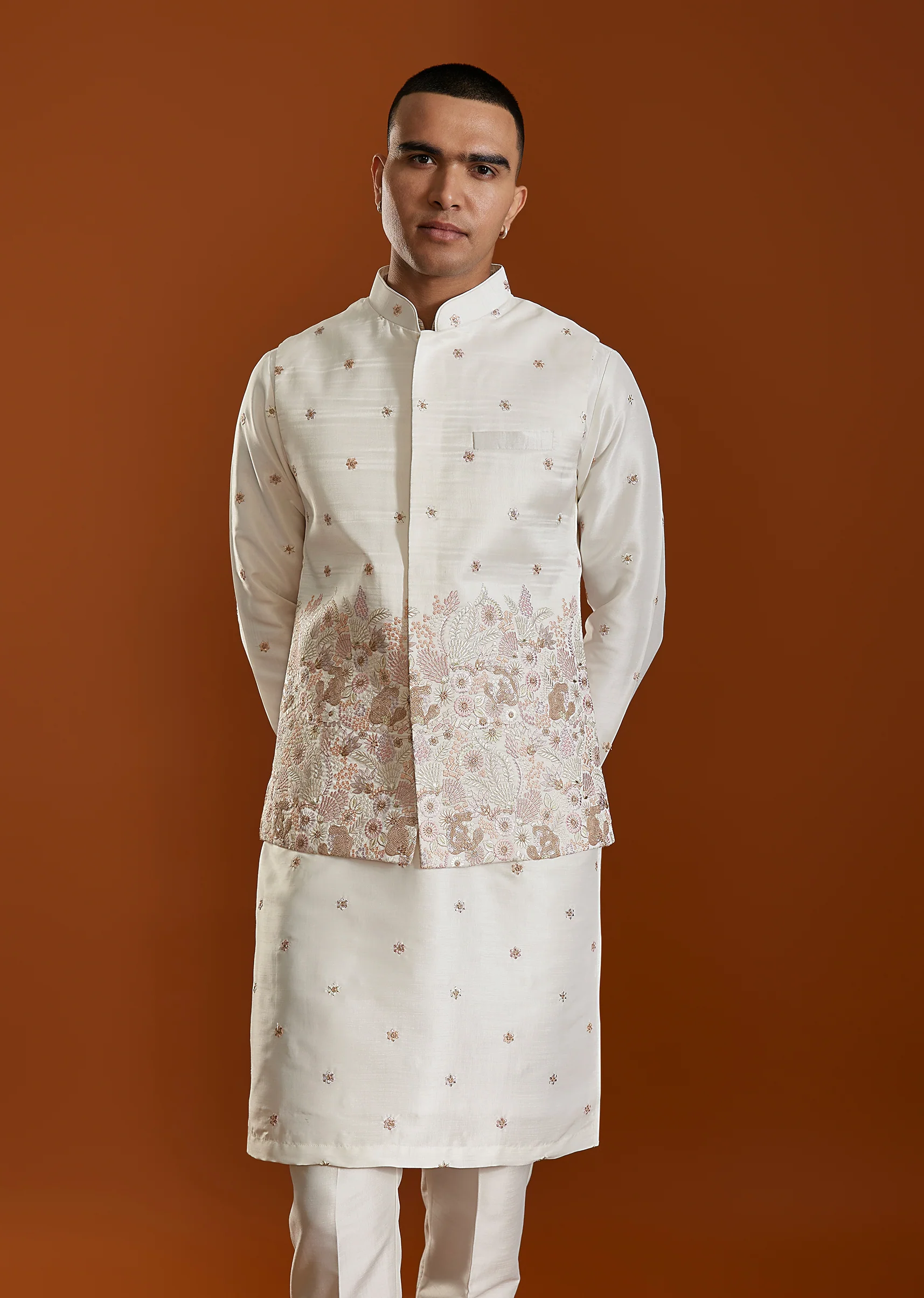 Ivory Glam Pair – Chinon Suit For Her And Jacket Kurta Set For Him - Image 8