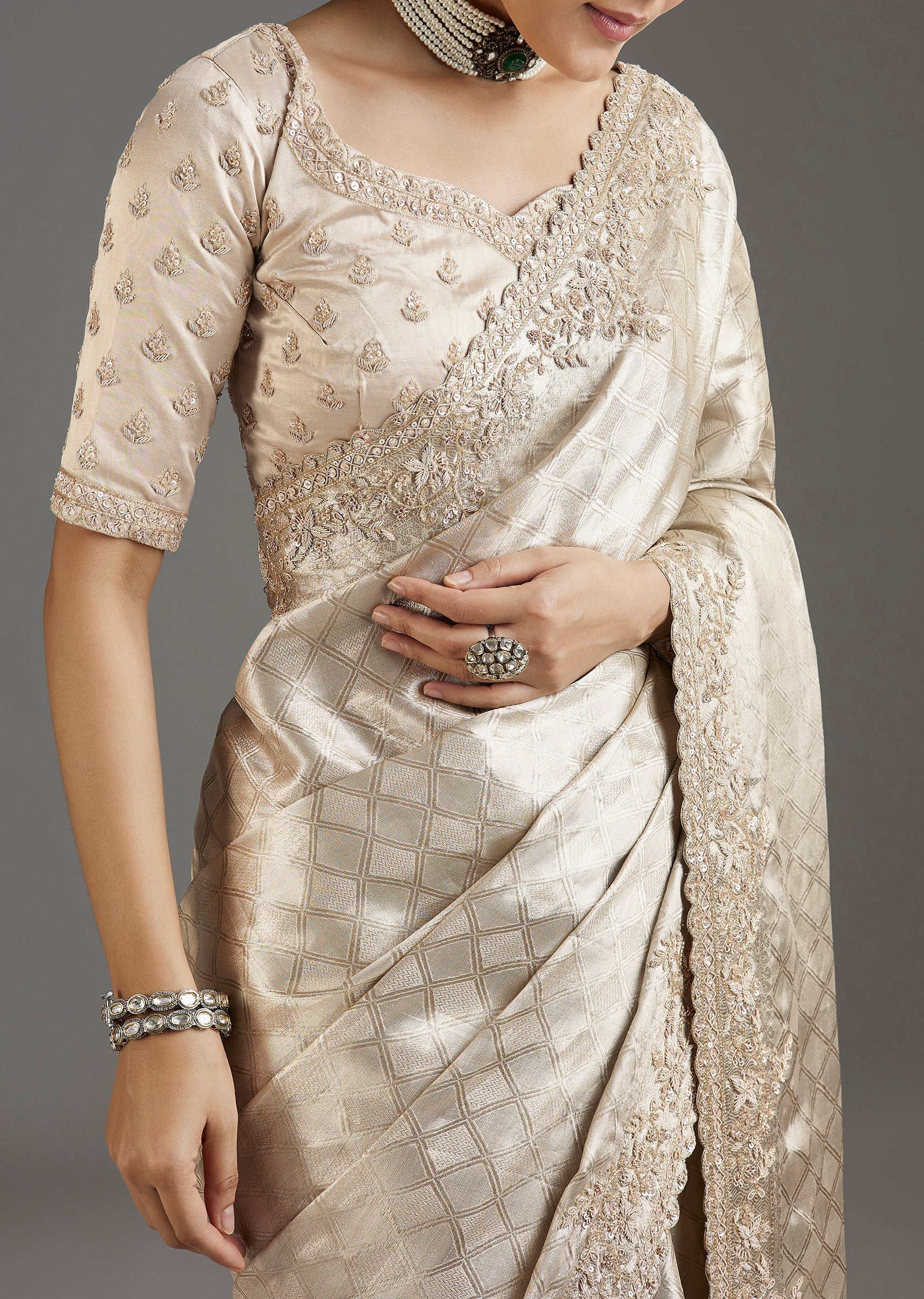 Ivory Gold Tissue Saree With Embroidered Blouse - Image 2