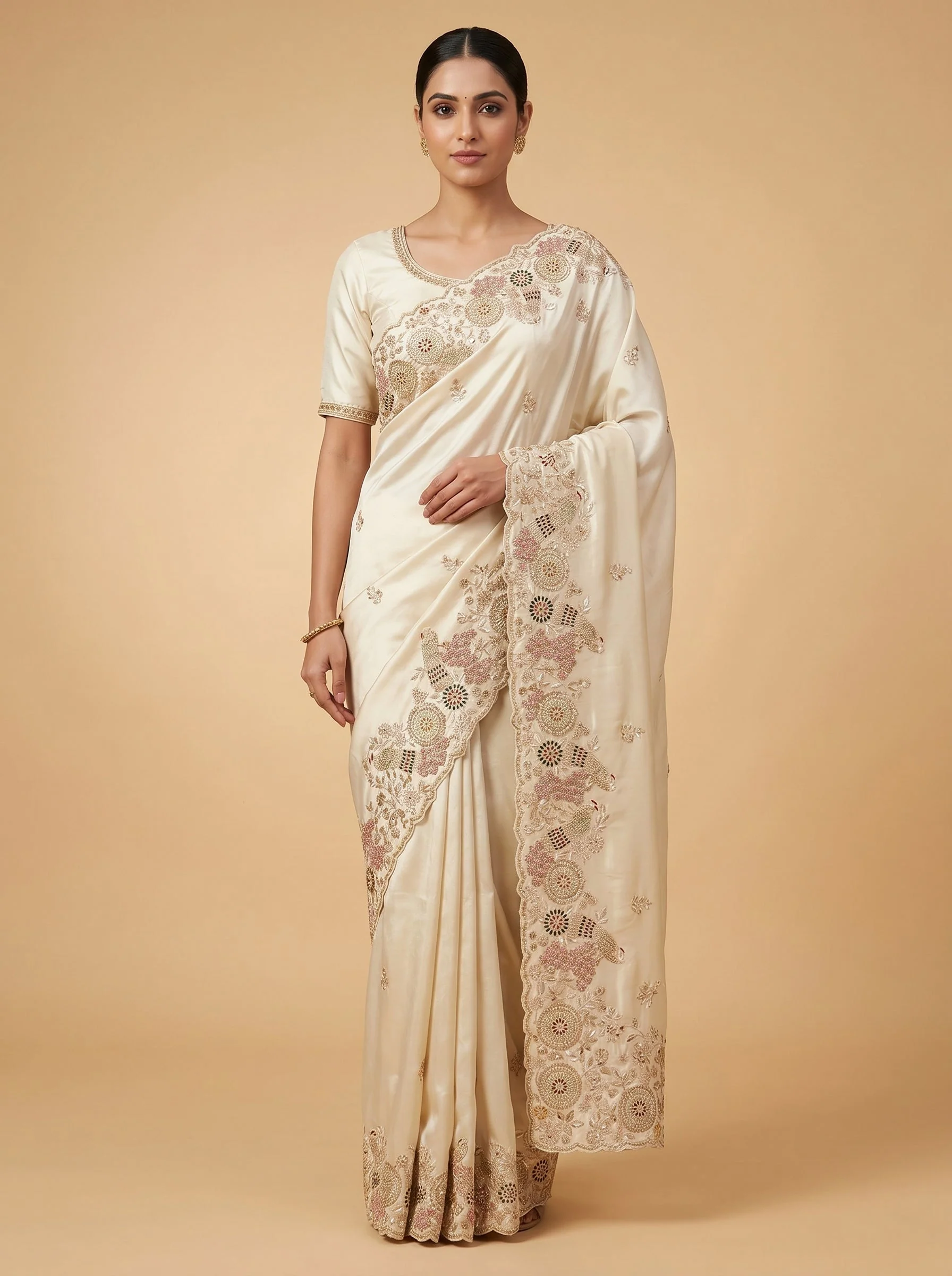 Ivory Lace Thread Embroidered Saree