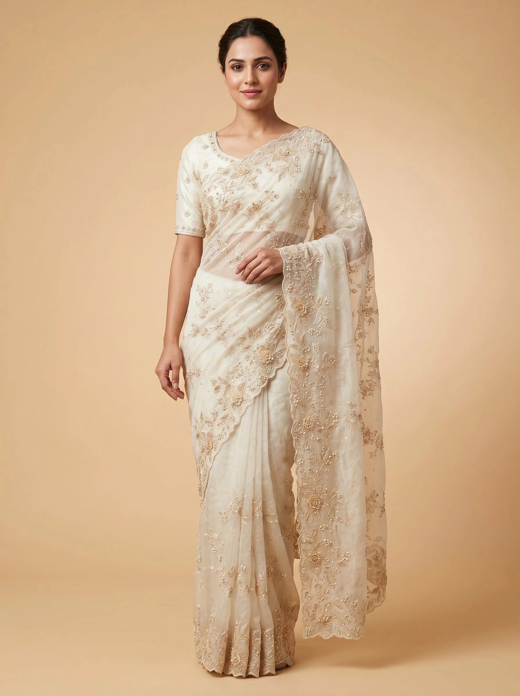 Ivory Lace Zari Embroidered Saree