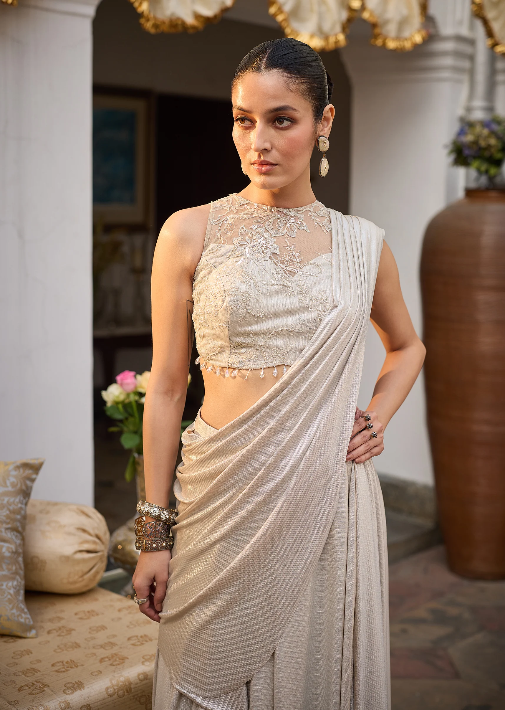 Ivory Lycra Draped Saree With Embroidered Blouse - Image 10