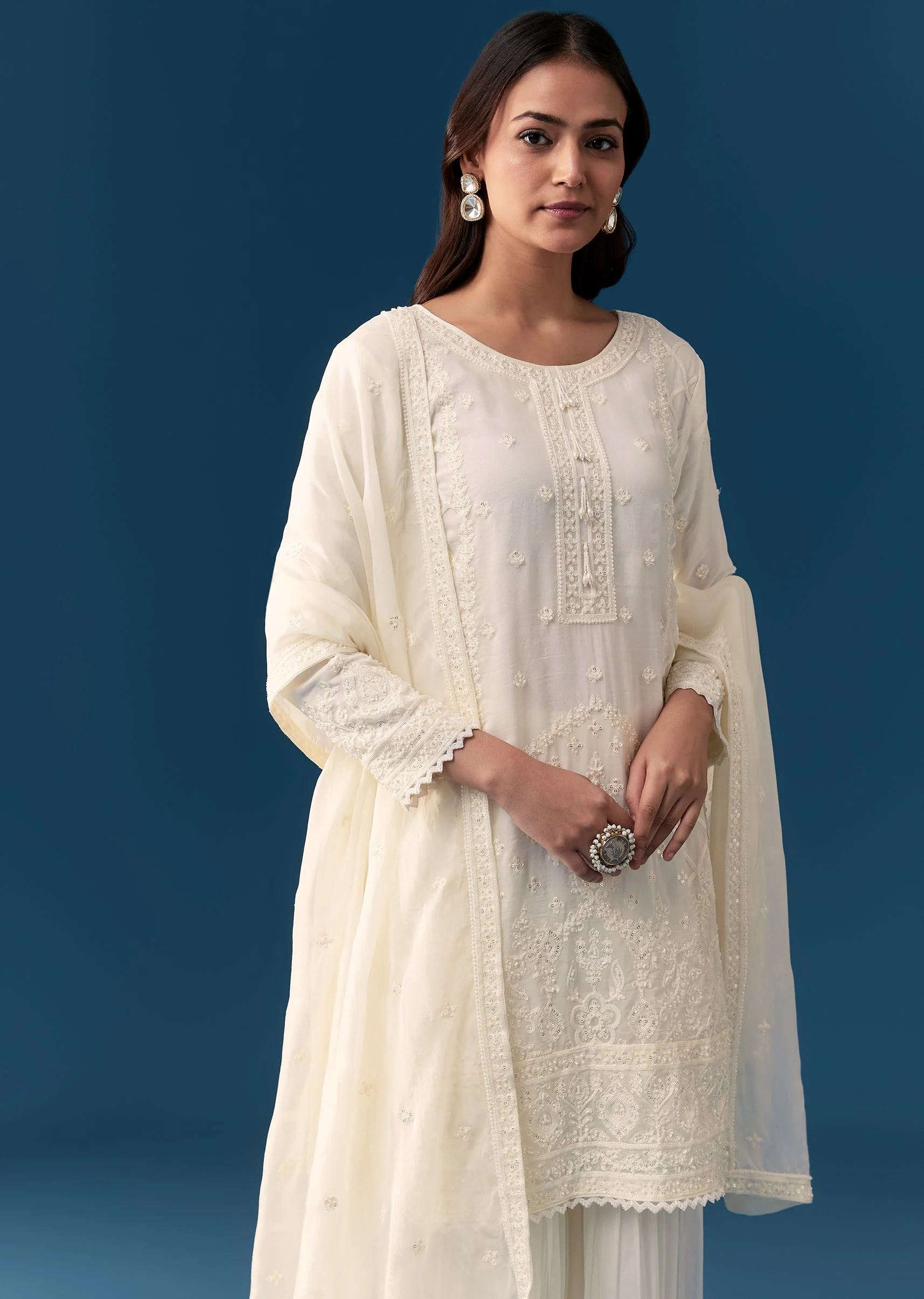 Ivory Organza Kurta Sharara With Resham And Moti Work