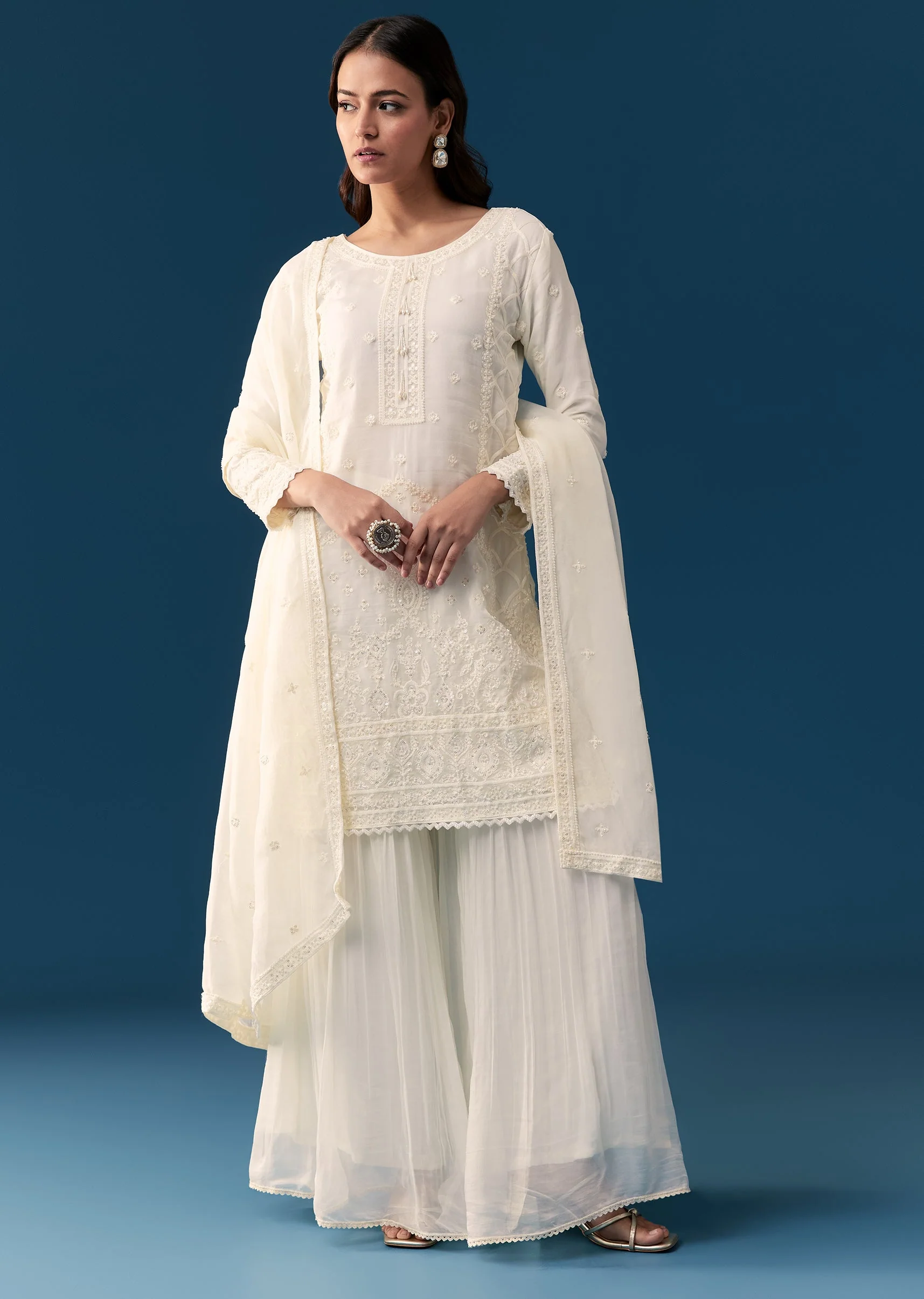 Ivory Organza Kurta Sharara With Resham And Moti Work - Image 2