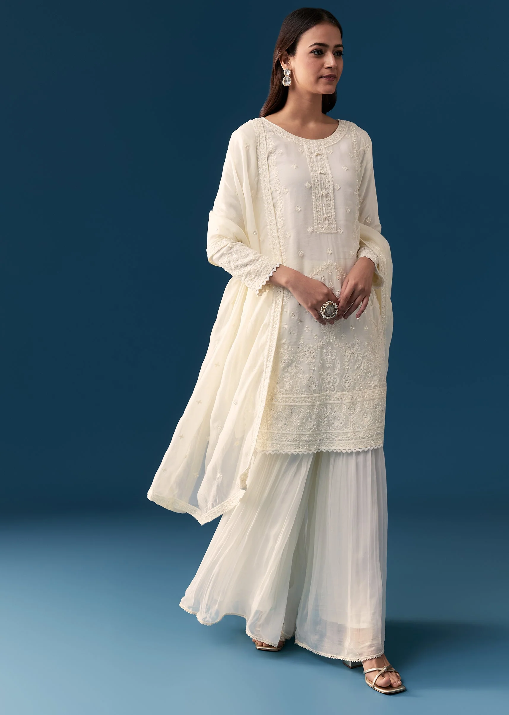 Ivory Organza Kurta Sharara With Resham And Moti Work - Image 4