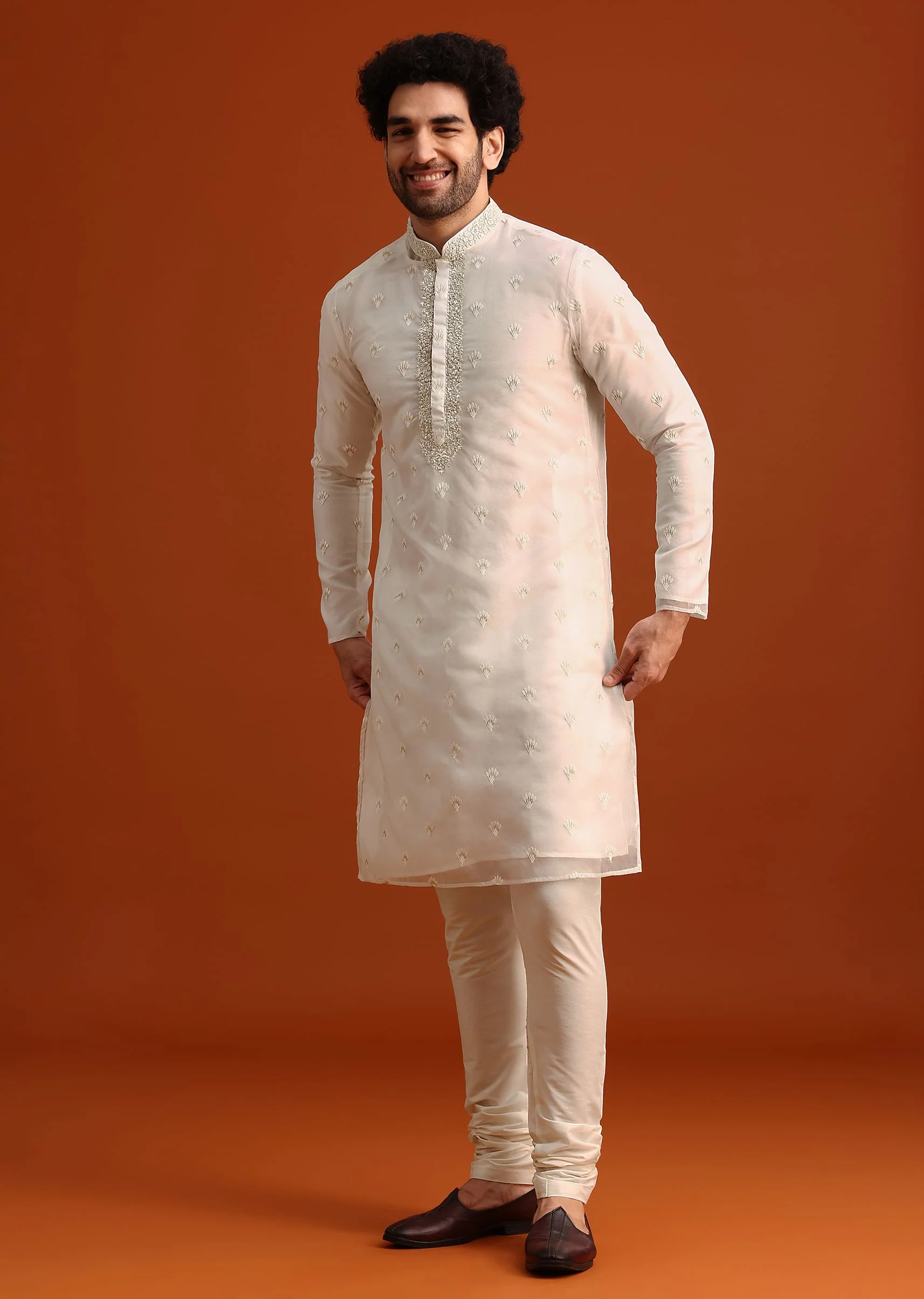 Ivory Organza Zari Embroidered Kurta Set With Butti Work - Image 2