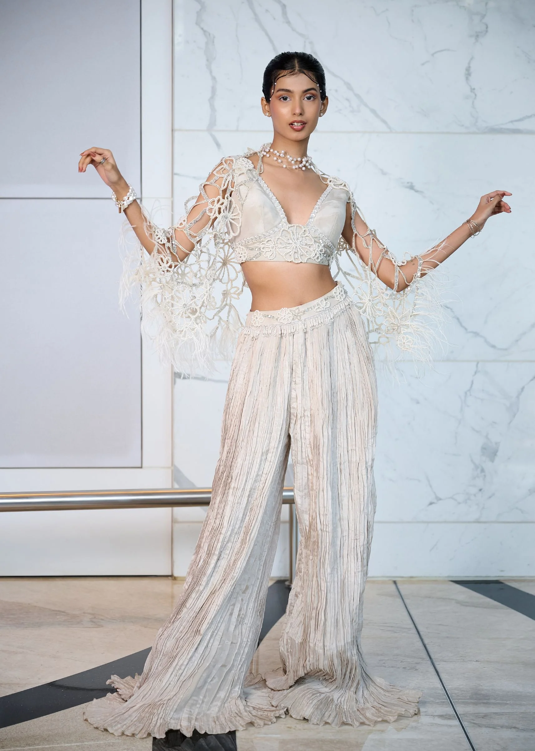 Ivory Patchwork Blouse With Cutwork Jacket And Ruched Palazzo