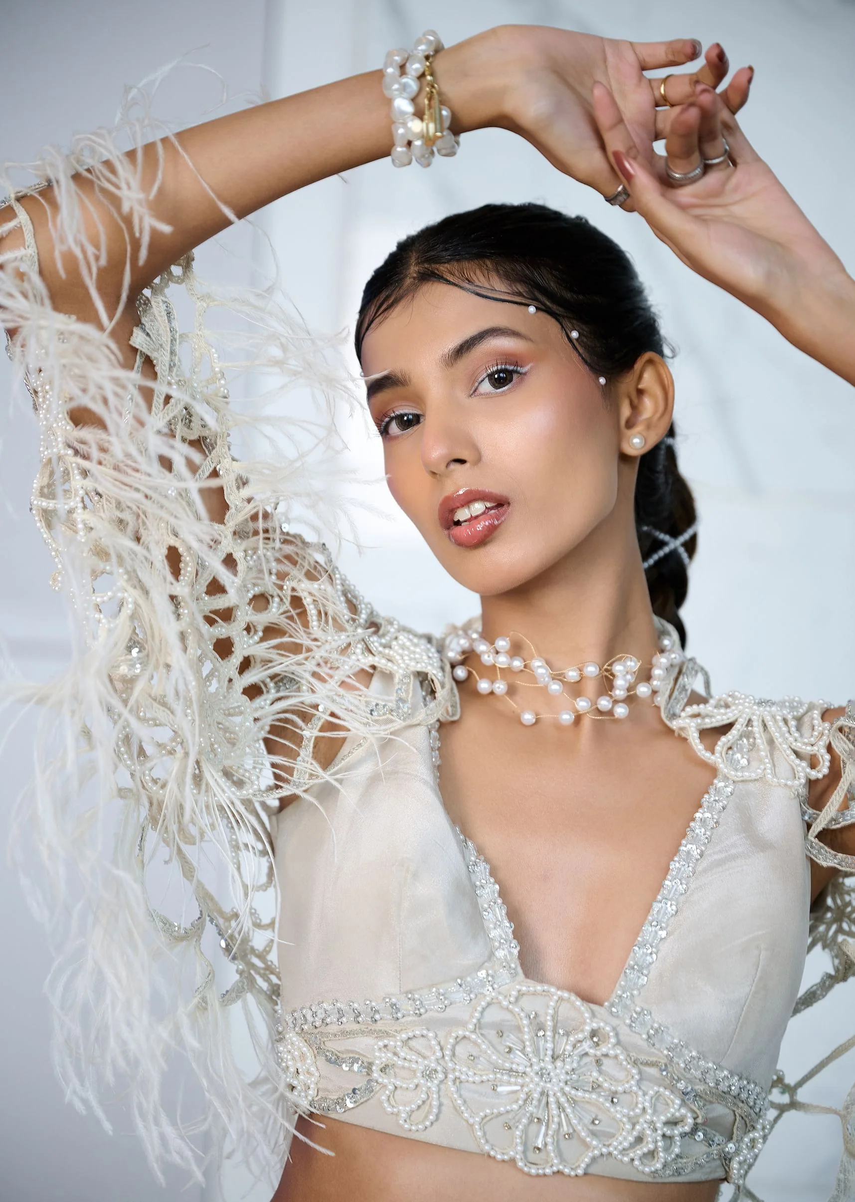 Ivory Patchwork Blouse With Cutwork Jacket And Ruched Palazzo - Image 2
