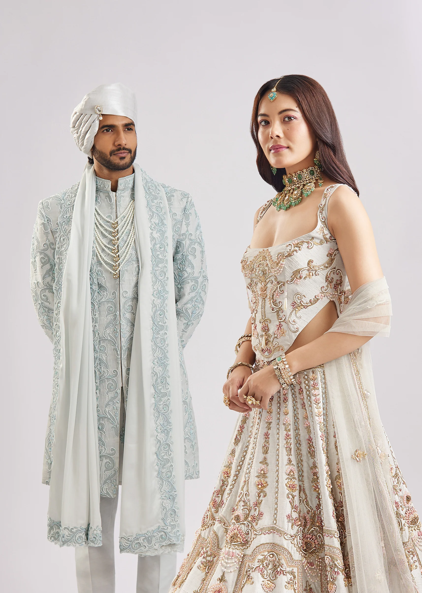 Ivory & Powder Blue Duo — Bridal Lehenga For Her And Sherwani For Him - Image 3