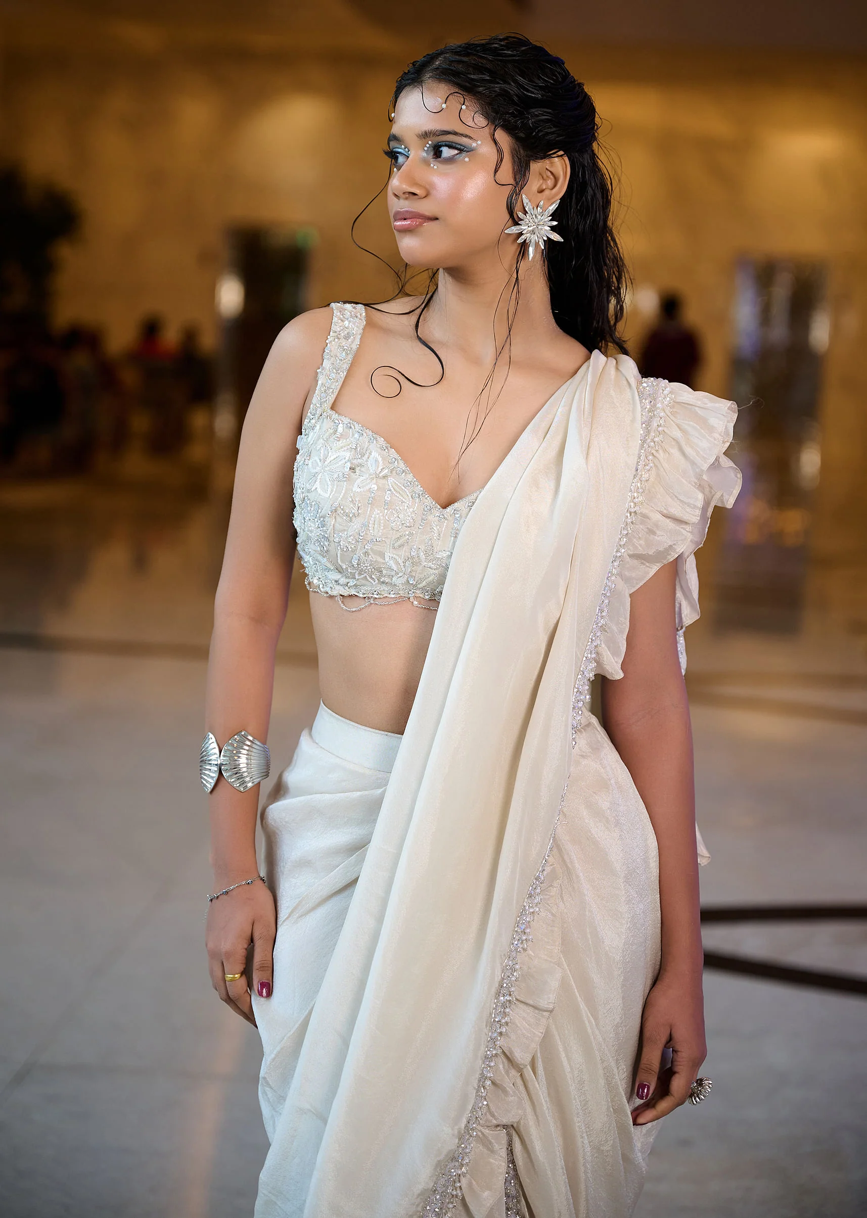 Ivory Pre Stitched Frill Tissue Saree With Blouse - Image 3