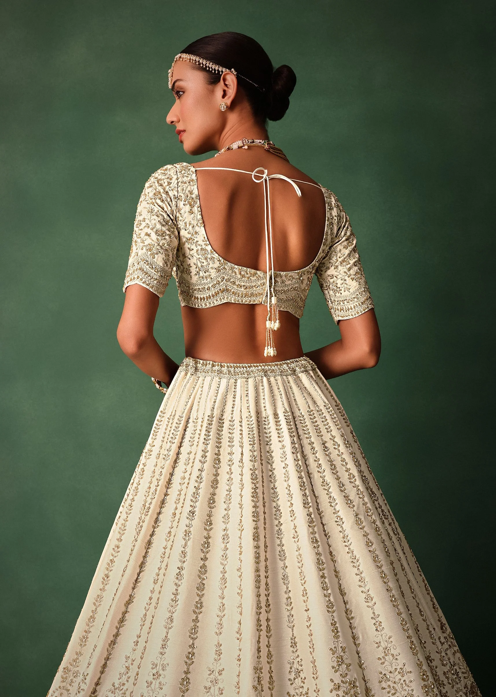 Ivory Raw Silk Hand Embroidered Lehenga Set In Cutdana Work - Image 4
