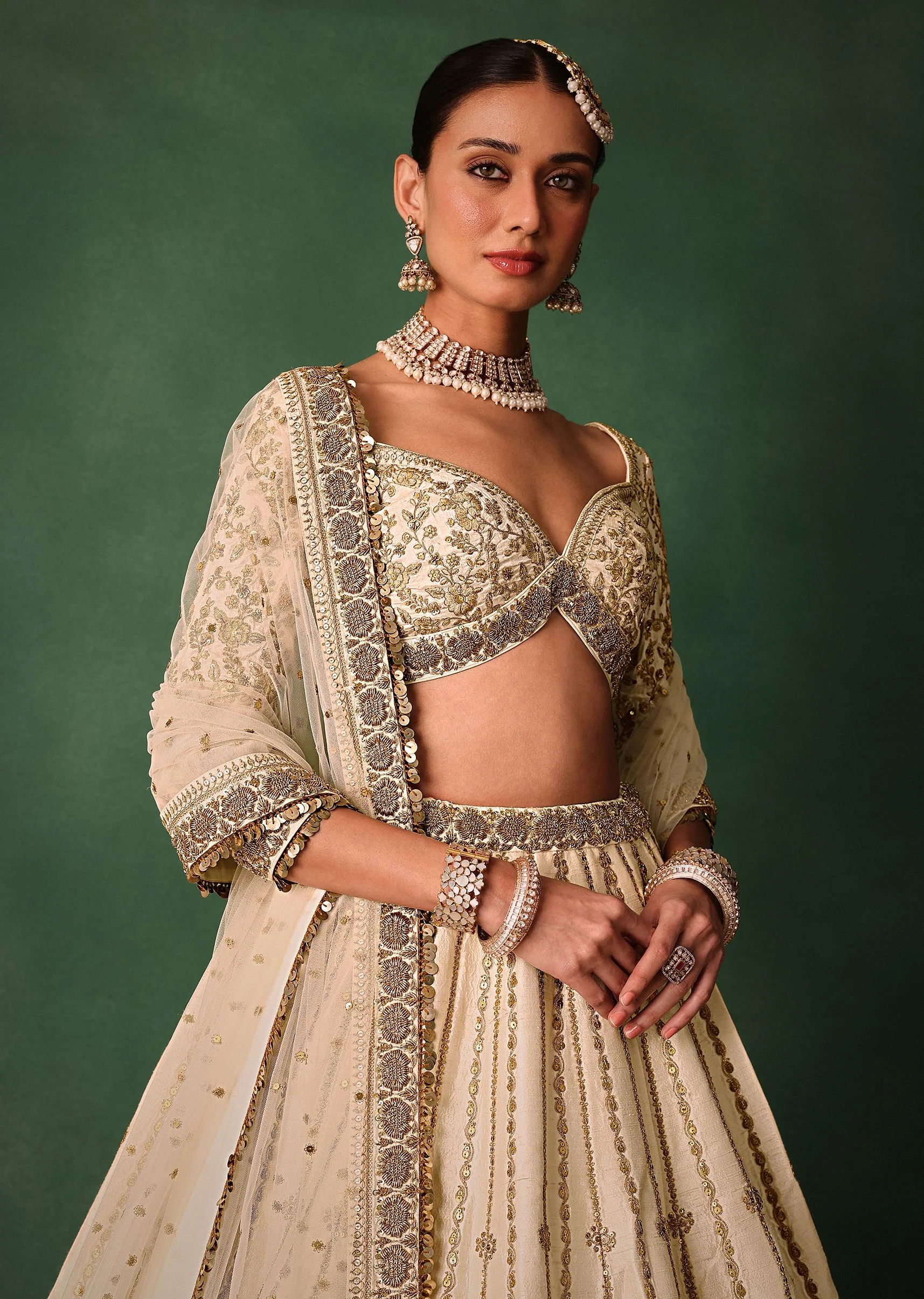 Ivory Raw Silk Hand Embroidered Lehenga Set With Net Dupatta - Image 2