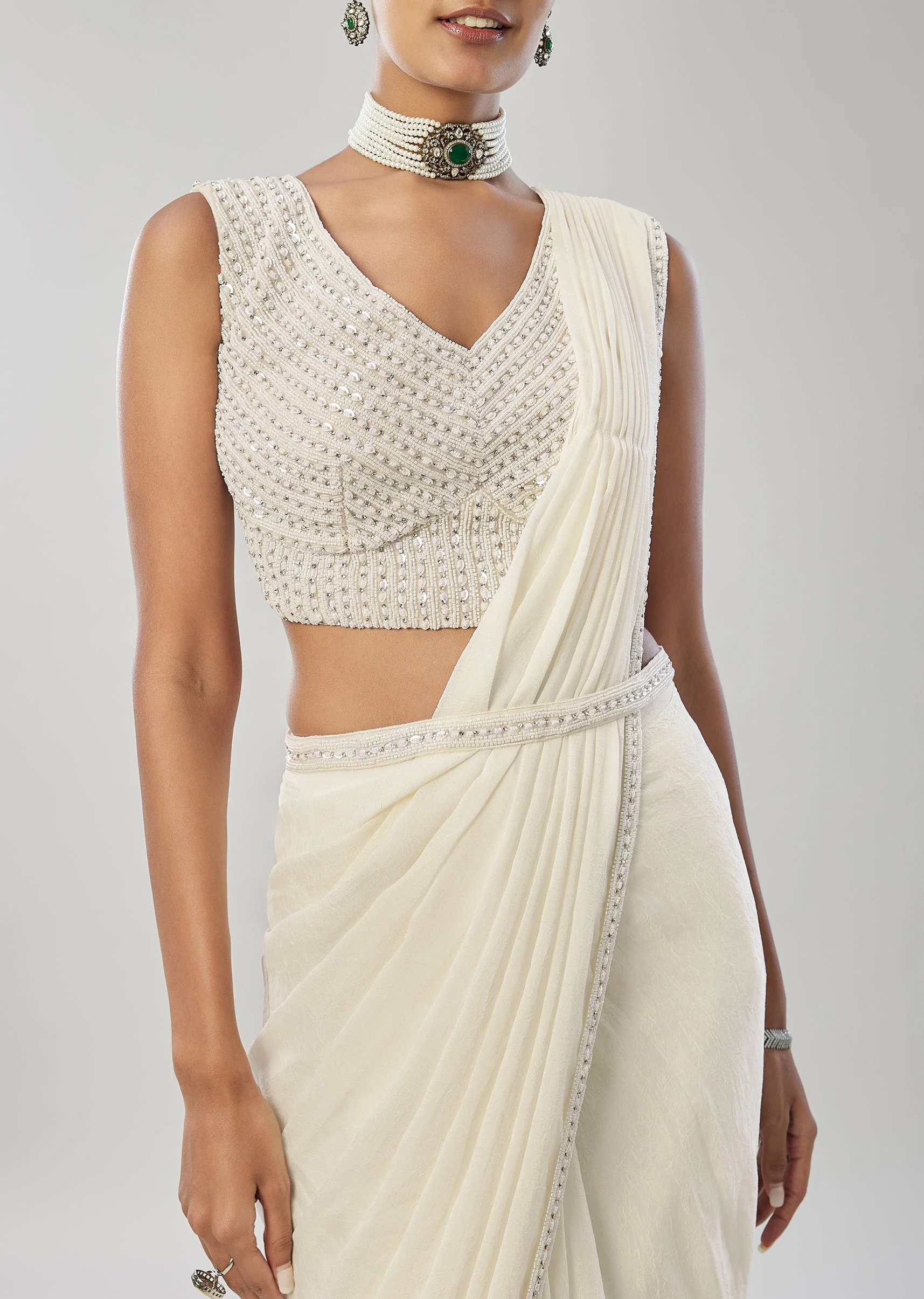Ivory Ready Pleated Saree With Belt - Image 2