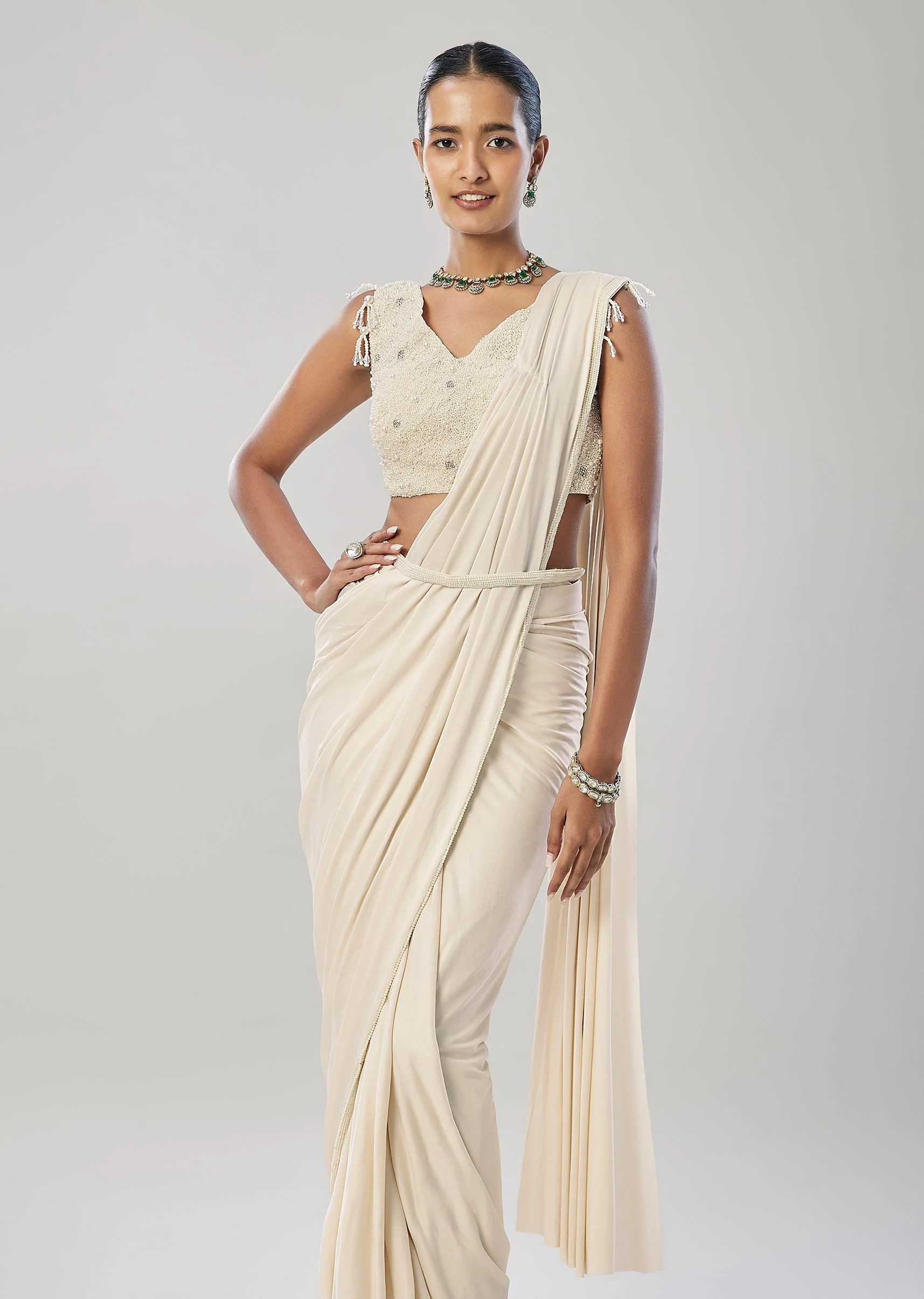 Ivory Ready Pleated Saree With Belt And Moti Work On Blouse