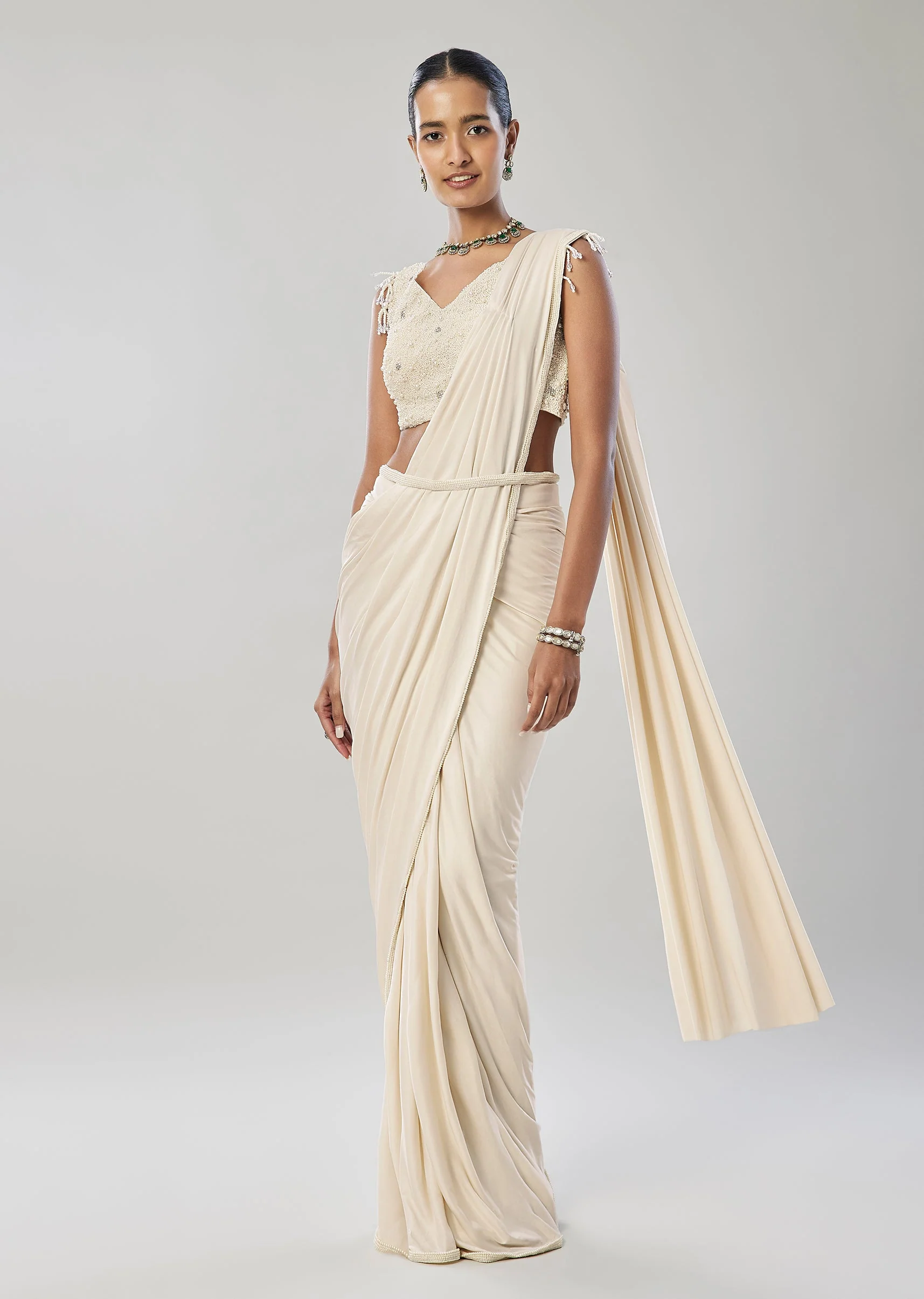 Ivory Ready Pleated Saree With Belt And Moti Work On Blouse - Image 2