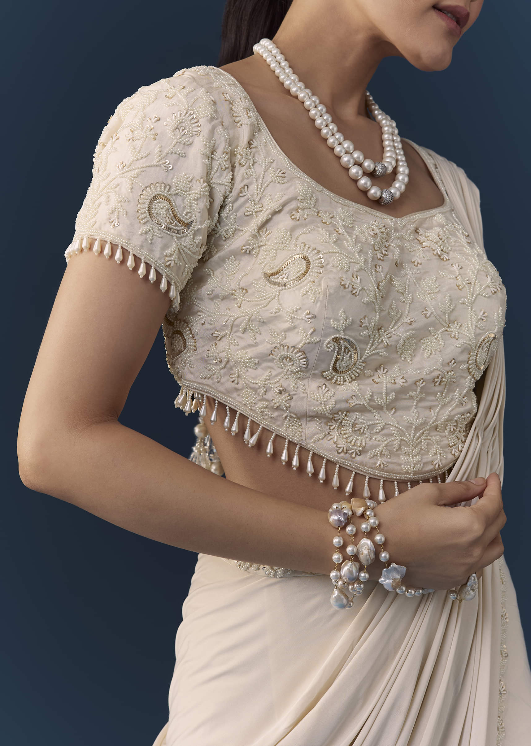 Ivory Ready Pre Pleated Saree with Moti Work Blouse - Image 2
