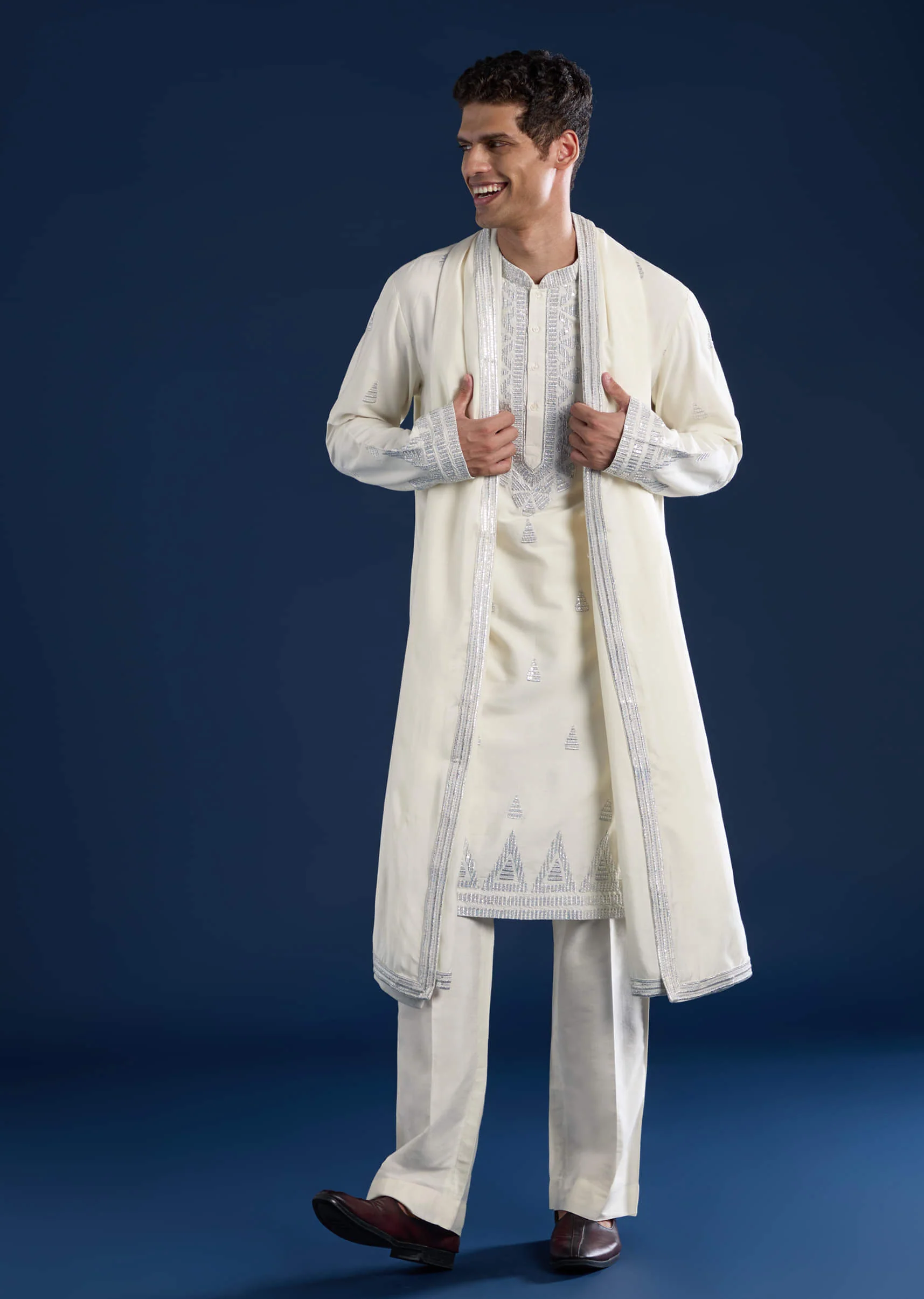 Ivory Sequin Embroidered Mens Kurta Set with Dupatta - Image 3
