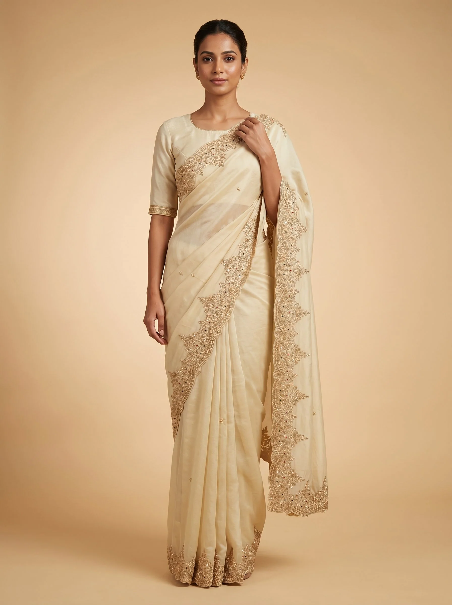 Ivory Shimmer Embroidered Saree