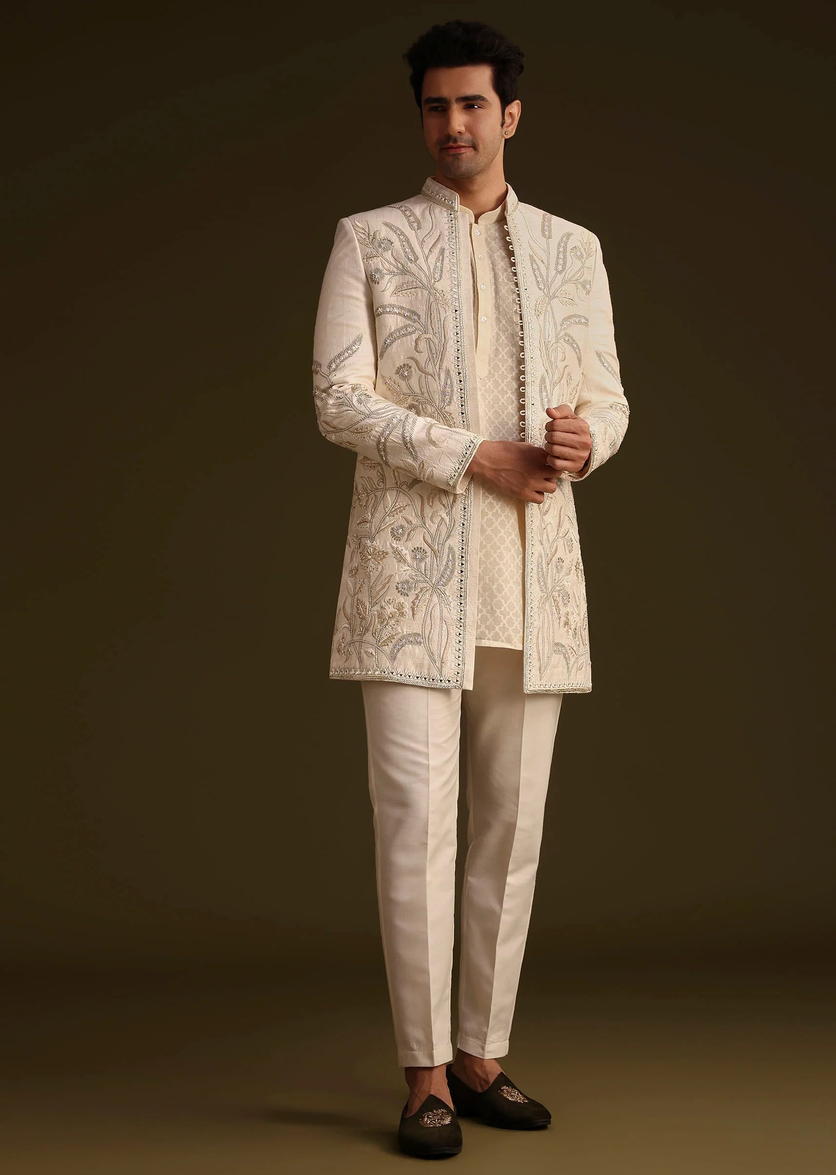 Ivory Silk Indo Western Set With Zardosi Work - Image 2