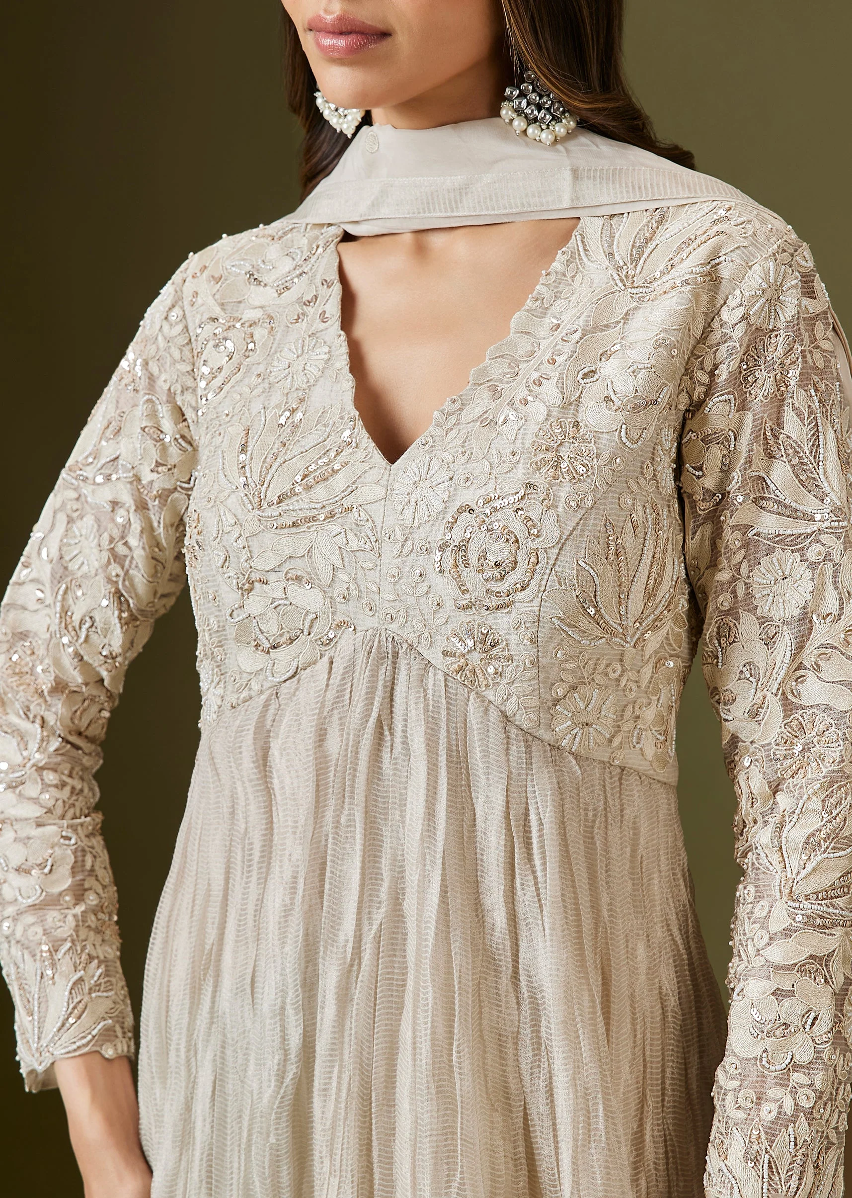 Ivory Tissue Anarkali Set With Sequins And Patchwork Embellishments - Image 2