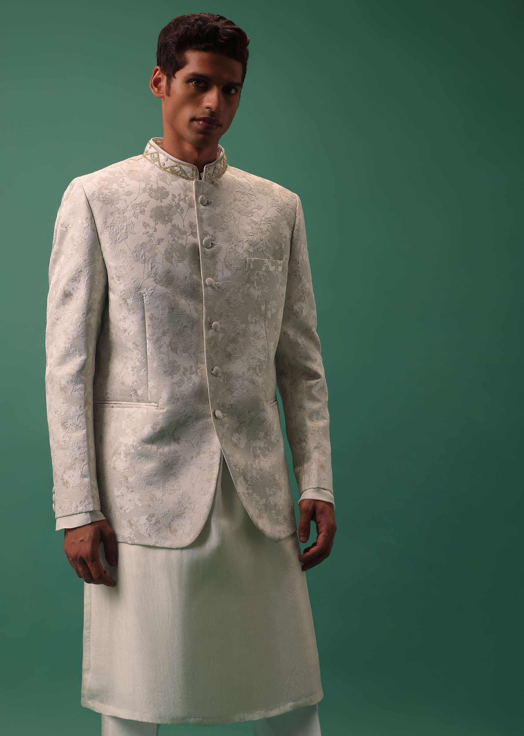 Ivory White Highlighted Bandhgala Set With Kurta And Fusing Pants - Image 5