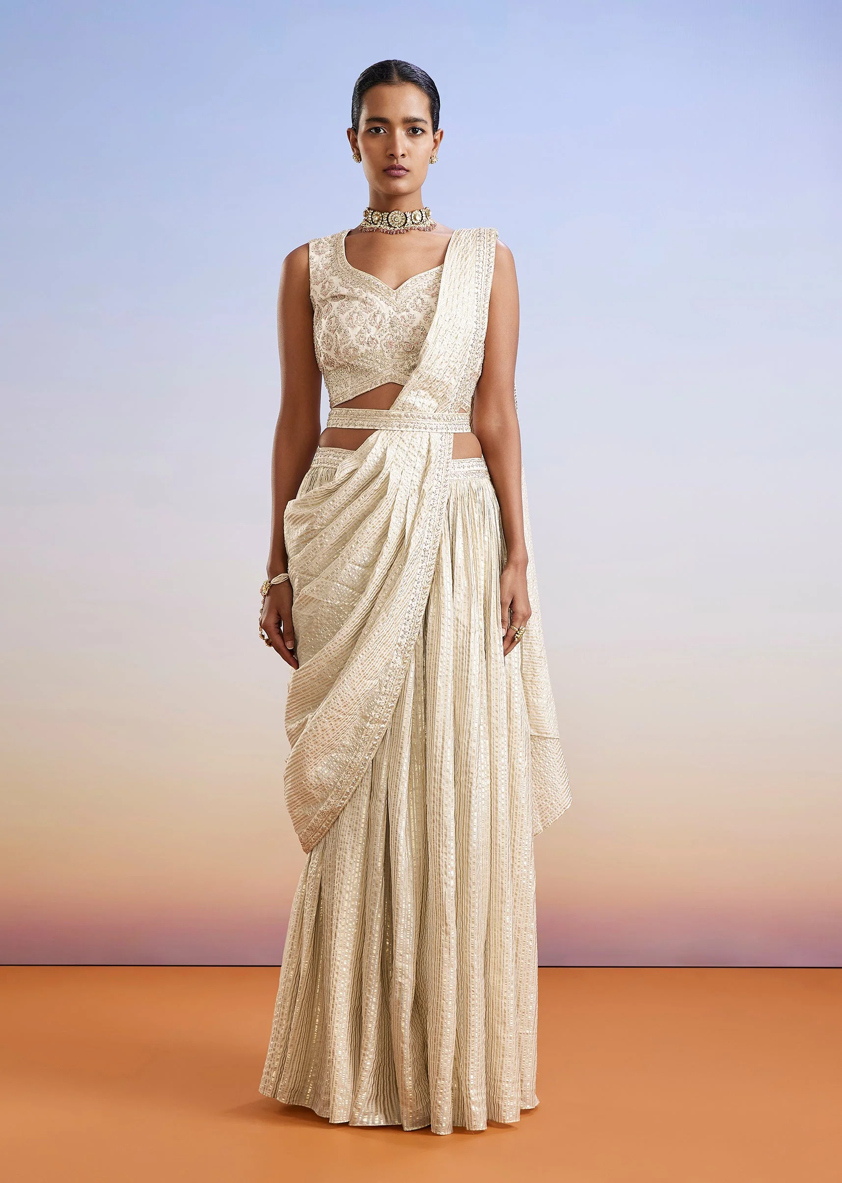 Ivory Zardosi Embroidered Ready Pleated Saree With Belt - Image 3