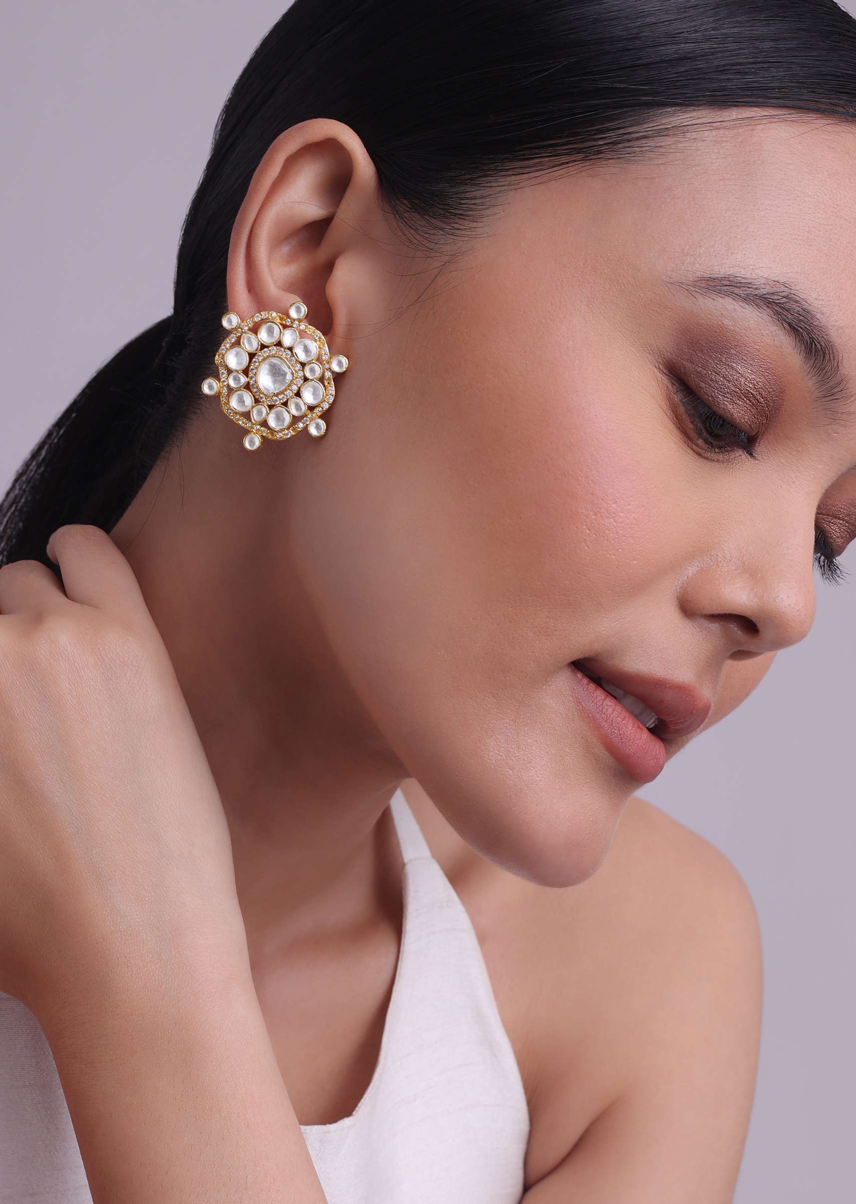 Jadau Kundan Stud Earrings In Gold Finish With Cut Diamonds