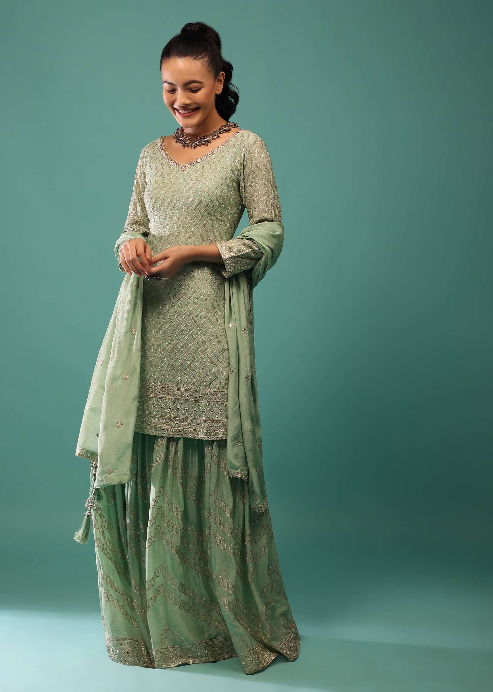 Jade Green Sharara Set With Sequins And Jaal Work - Image 3