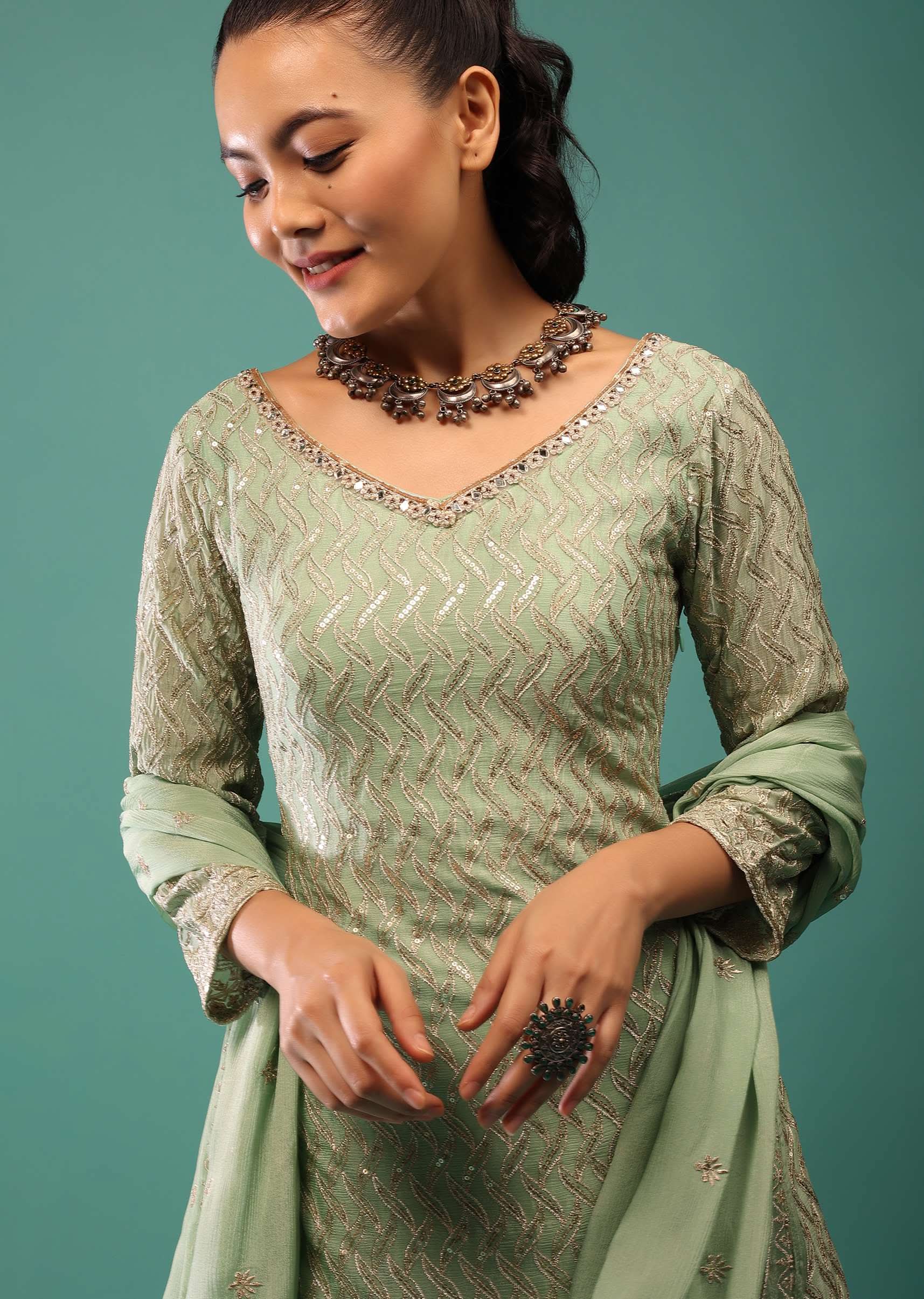 Jade Green Sharara Set With Sequins And Jaal Work - Image 5