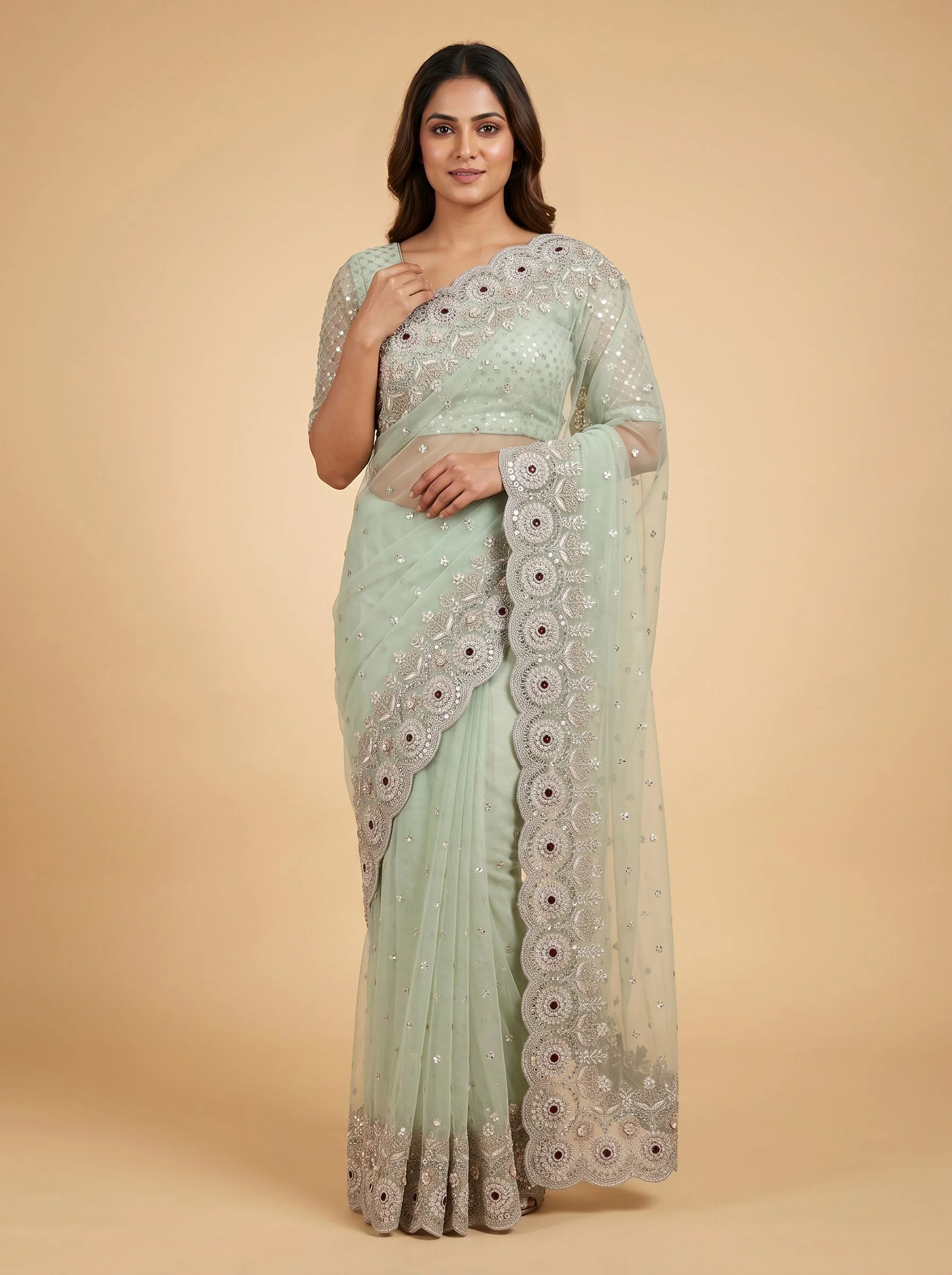 Jade Seafoam Green Saree