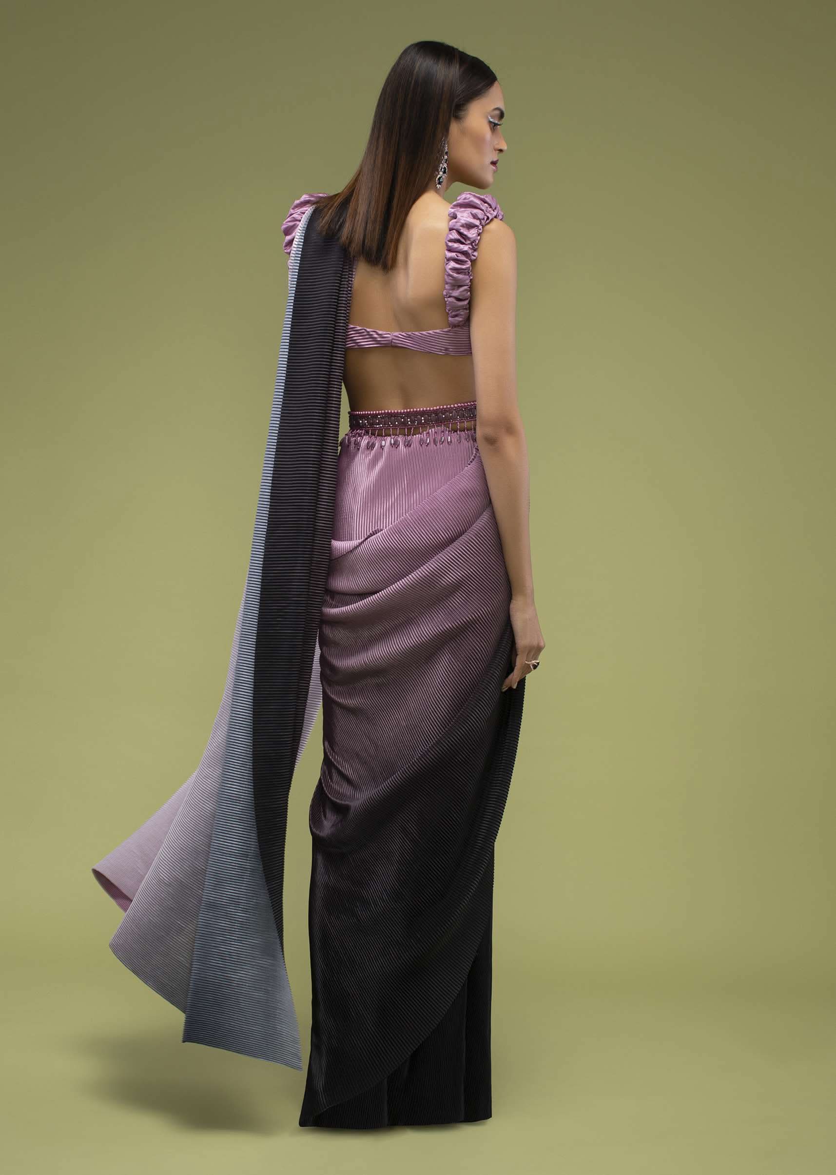Java Plum Ombre Saree Crafted In Crush With A Fancy Blouse - Image 2