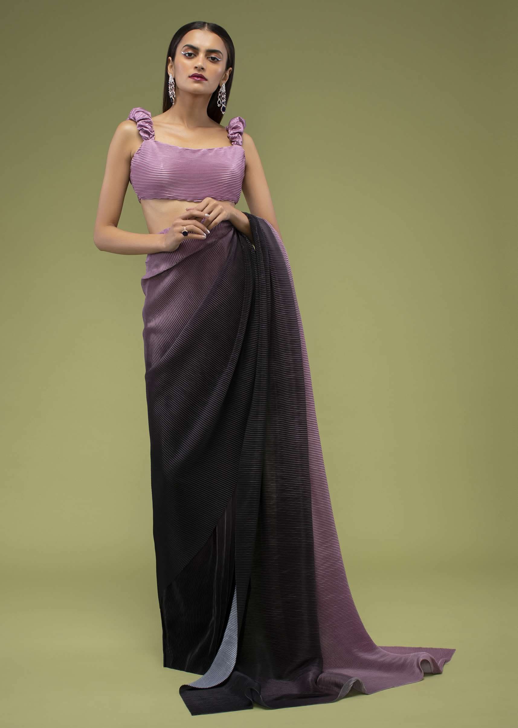 Java Plum Ombre Saree Crafted In Crush With A Fancy Blouse - Image 4