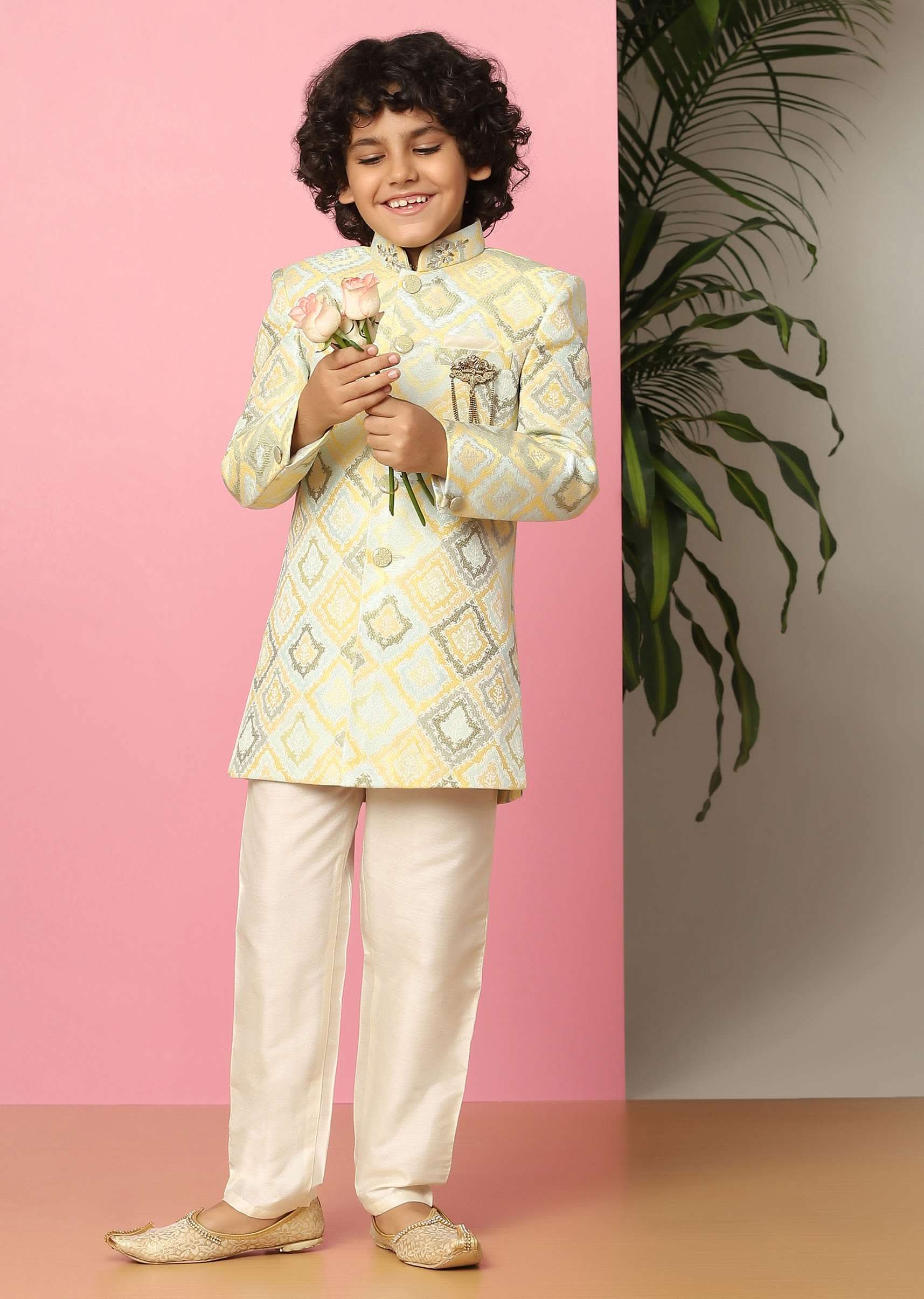 Kalki Afterglow Yellow Sherwani Set In Raw Silk With Threadwork For Boys - Image 3