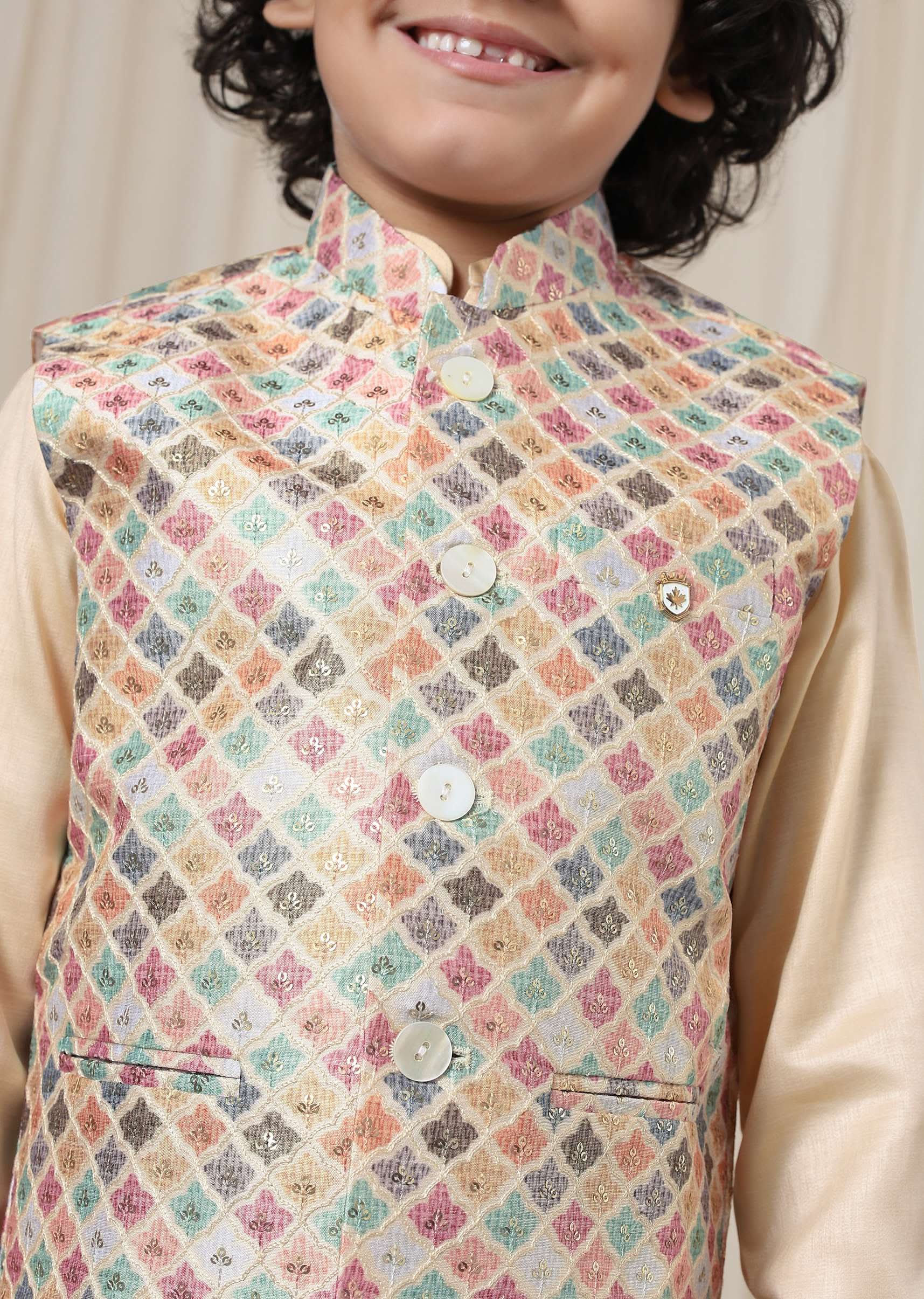 Kalki Autumn Blonde Beige Kurta Set In Silk With Multicolor Bandi Jacket For Boys - Image 4