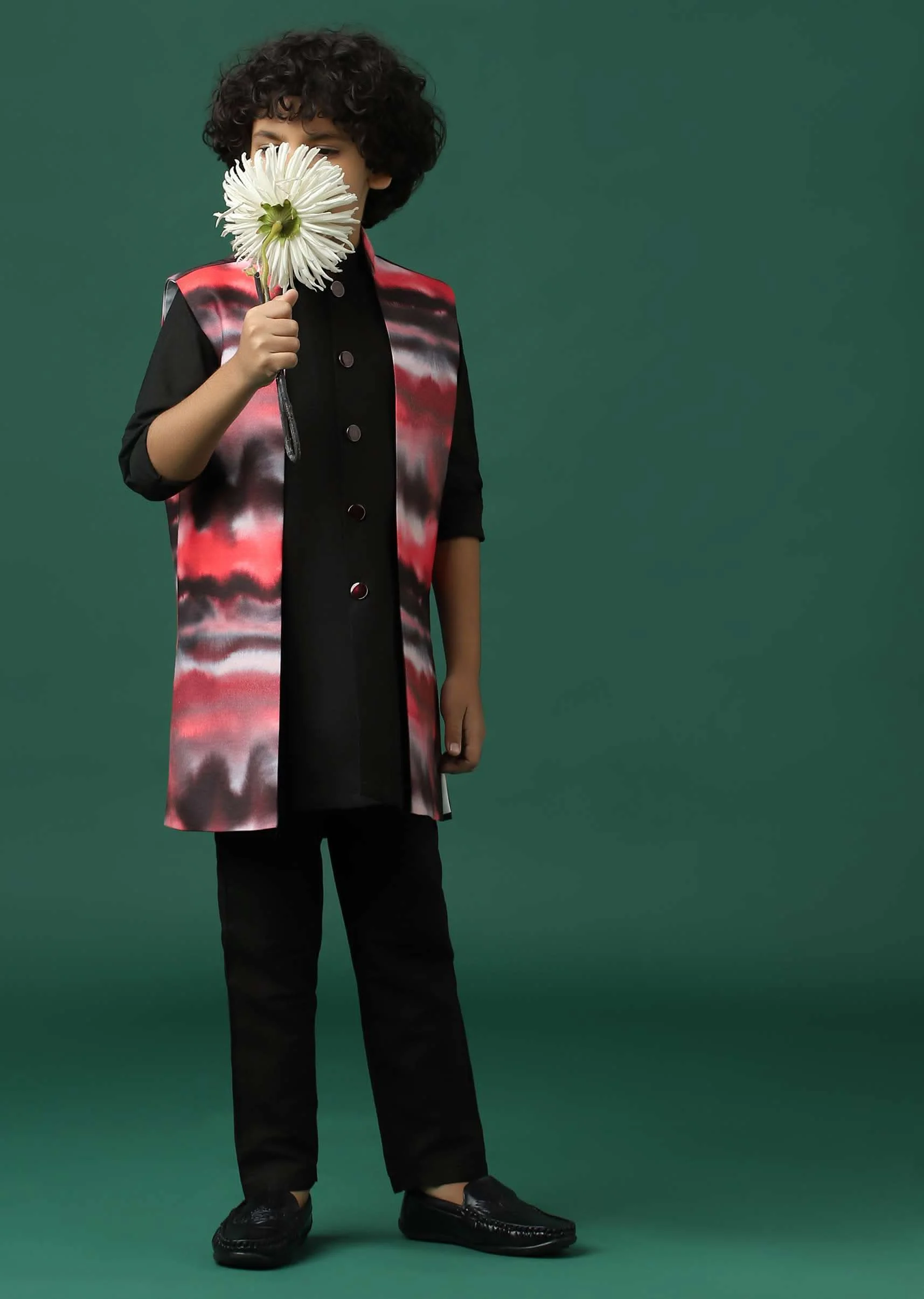 Kalki Black Printed Kurta Jacket Set In Silk For Boys - Image 2