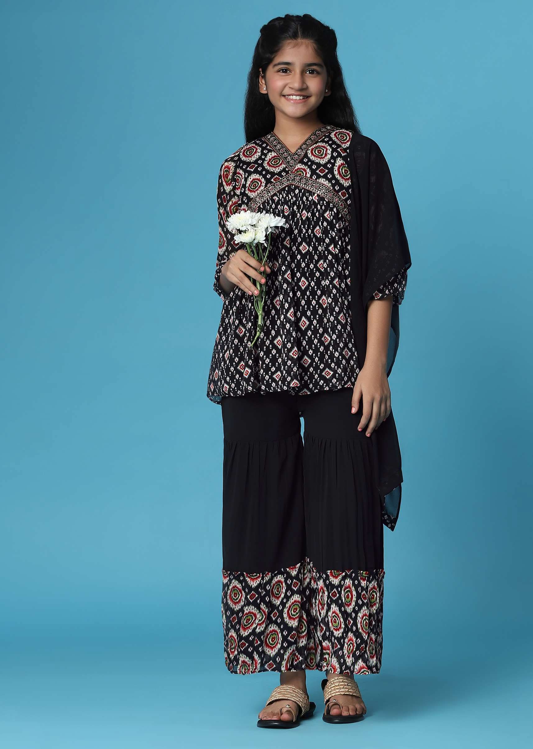 Kalki Black Printed Kurti And Palazzo Set In Georgette For Girls - Image 2
