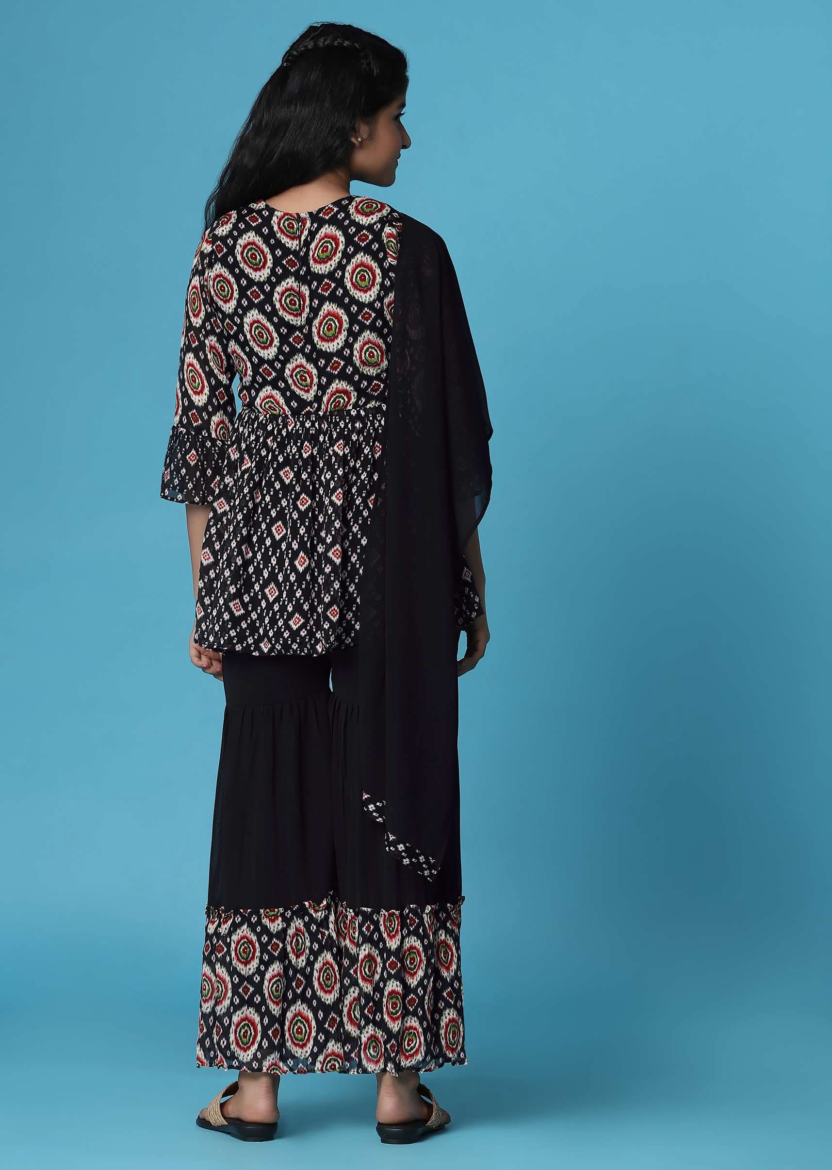 Kalki Black Printed Kurti And Palazzo Set In Georgette For Girls - Image 5