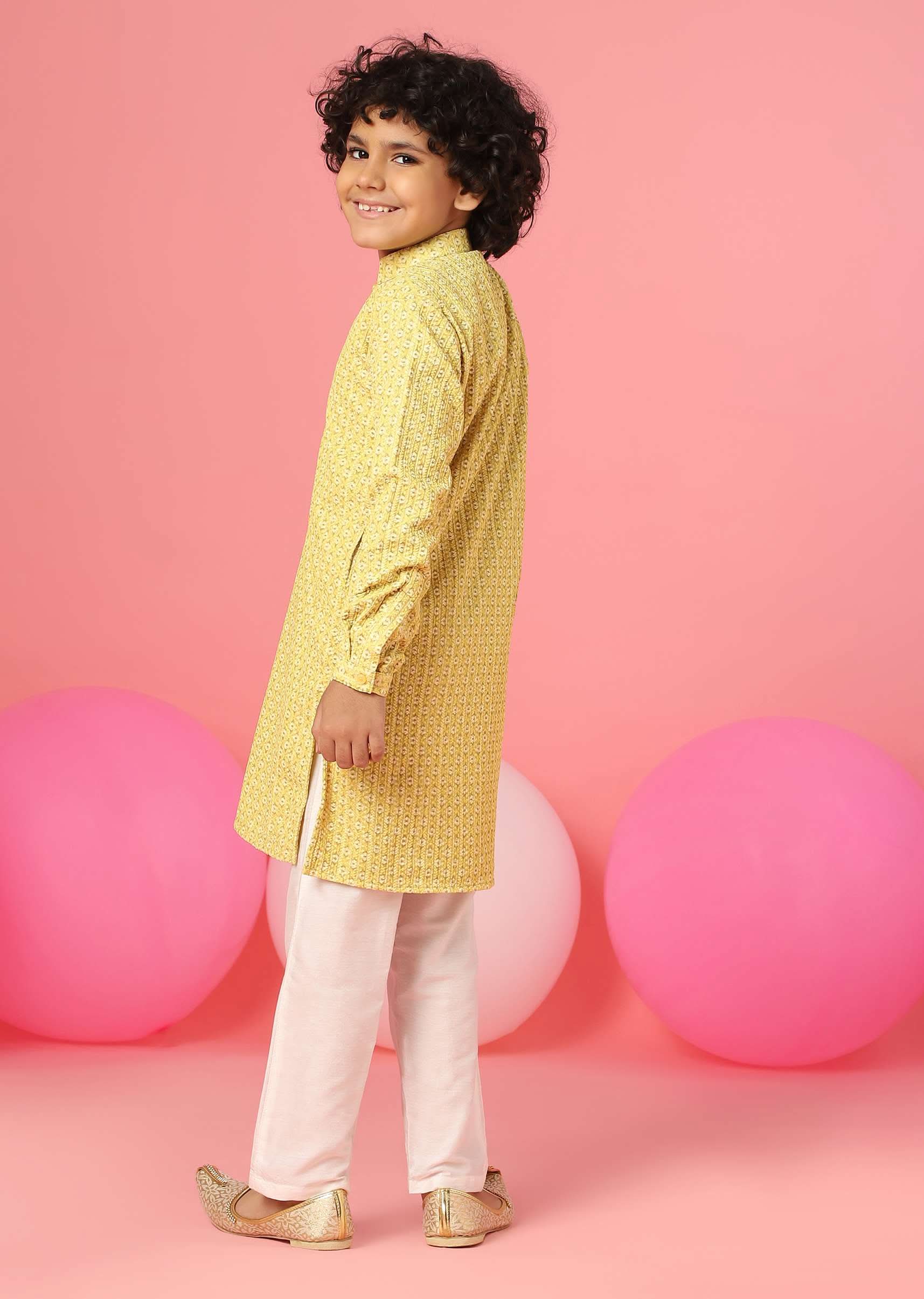 Kalki Blazing Yellow Kurta Set In Silk With Threadwork For Boys - Image 6