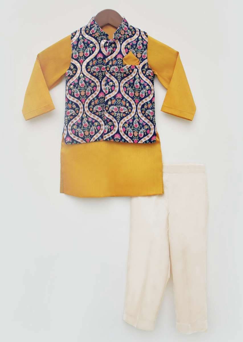Kalki Boys Blue Embroidered Nehru Jacket In Velvet With Yellow Kurta And Pant By Fayon Kids - Image 2